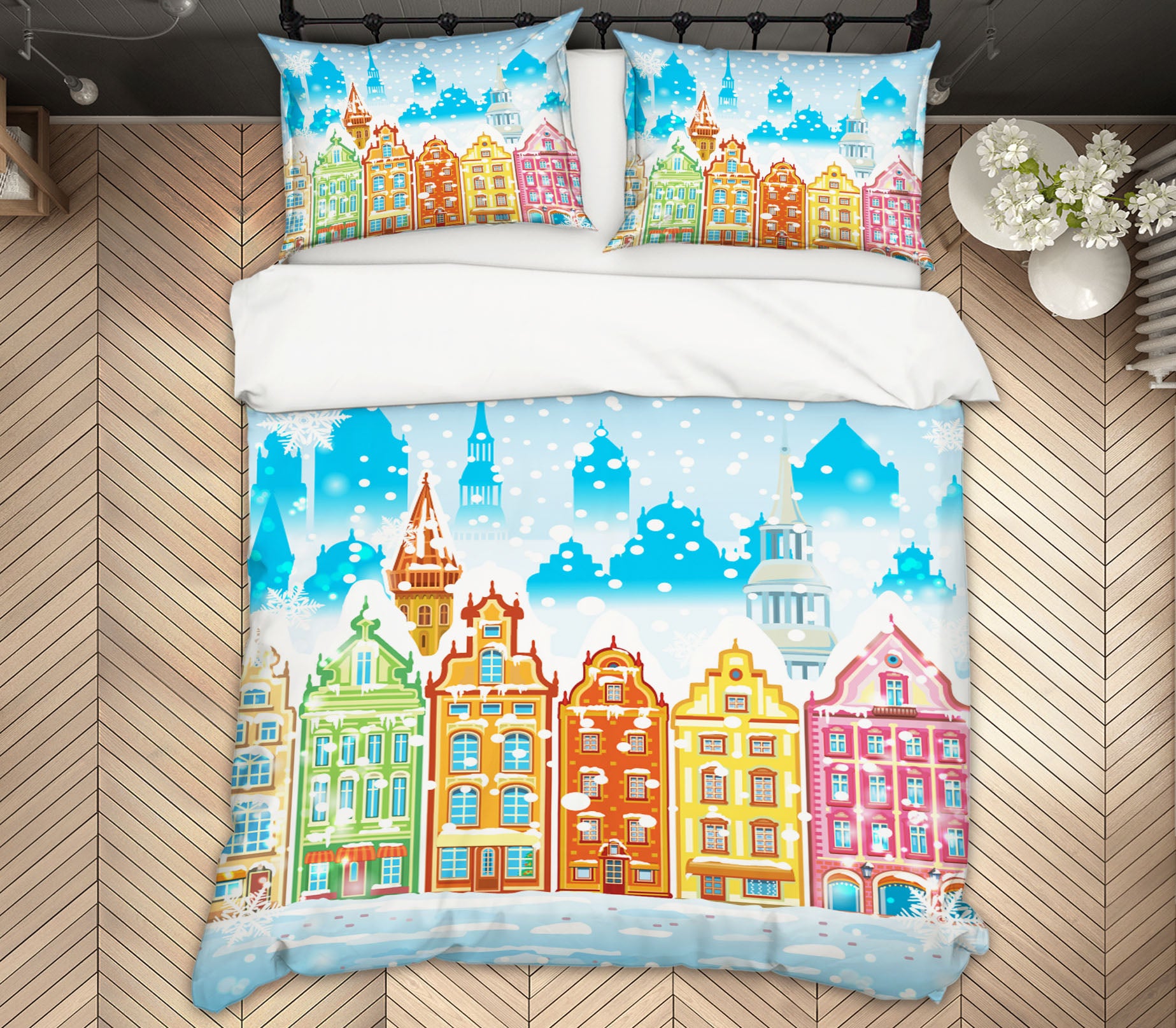 3D Colorful Houses Snowing 51090 Christmas Quilt Duvet Cover Xmas Bed Pillowcases