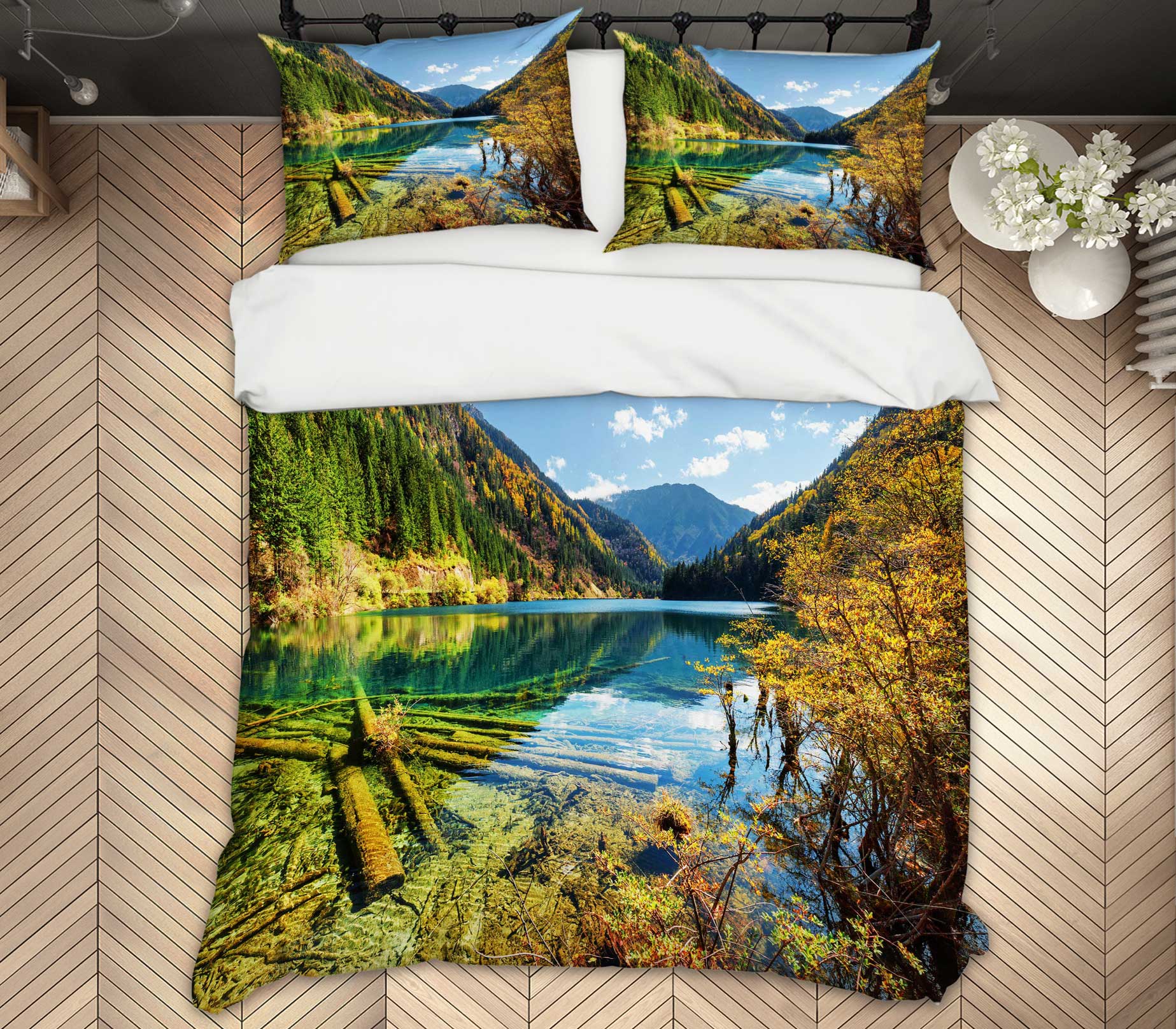3D Mountain Lake 59207 Bed Pillowcases Quilt