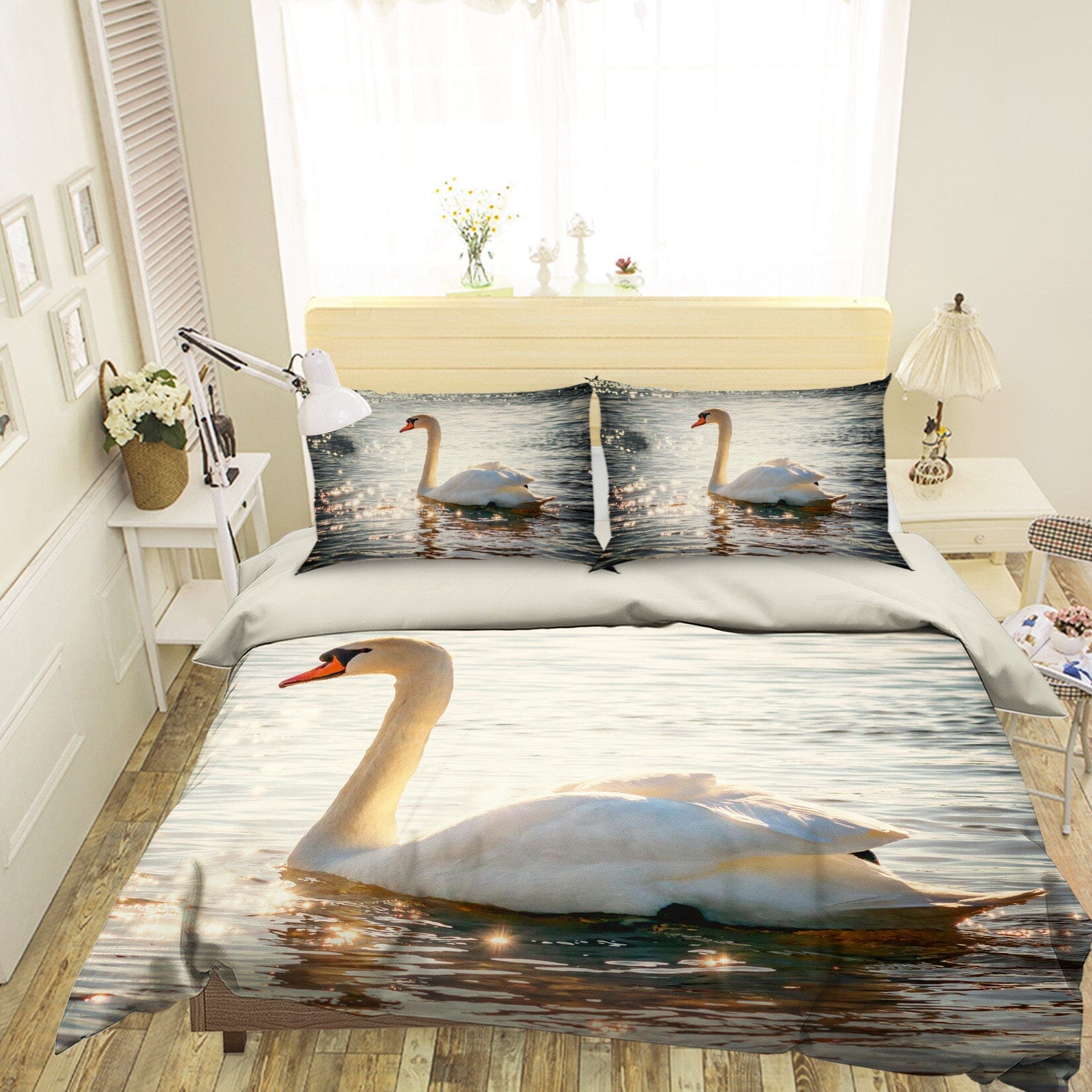3D White Swan 1946 Bed Pillowcases Quilt Quiet Covers AJ Creativity Home 