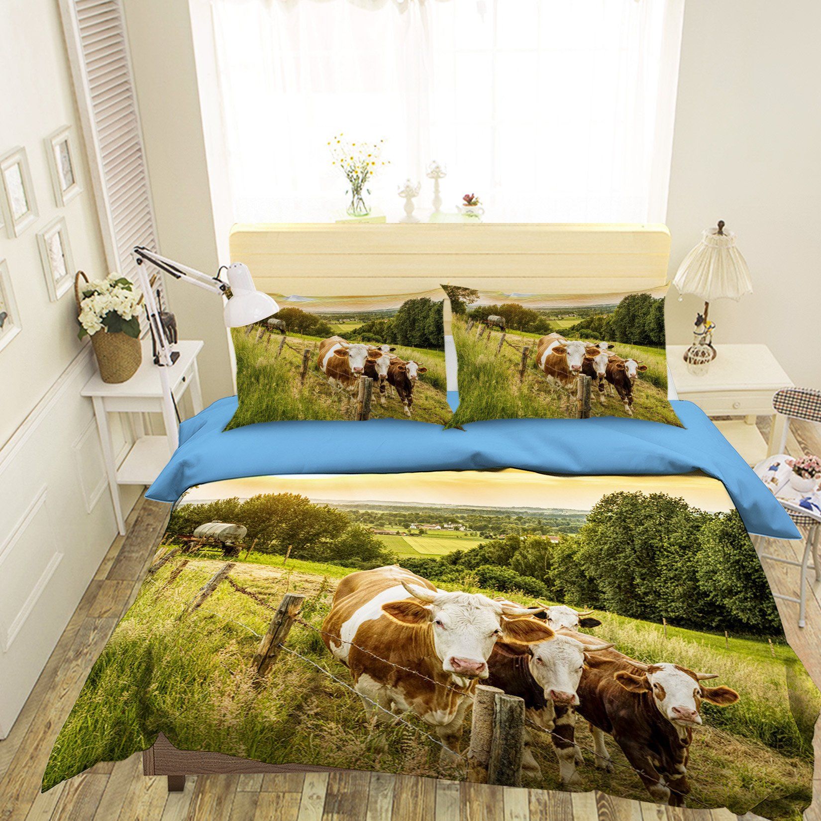 3D Cow Grazing 1930 Bed Pillowcases Quilt Quiet Covers AJ Creativity Home 