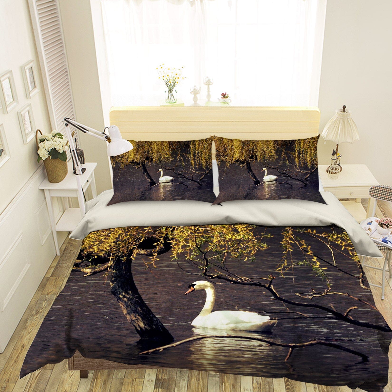 3D White Swan 1948 Bed Pillowcases Quilt Quiet Covers AJ Creativity Home 