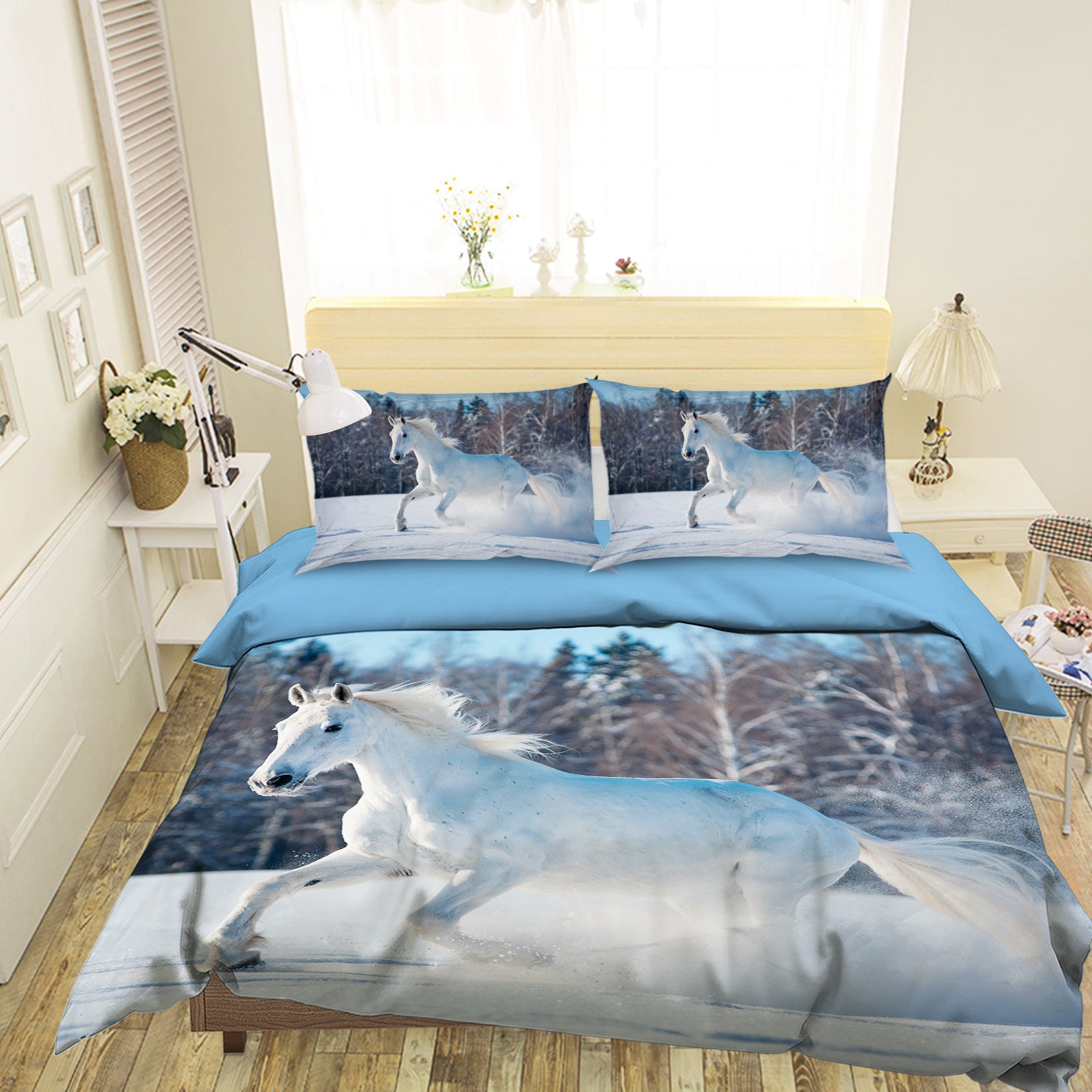 3D White Horse 021 Bed Pillowcases Quilt