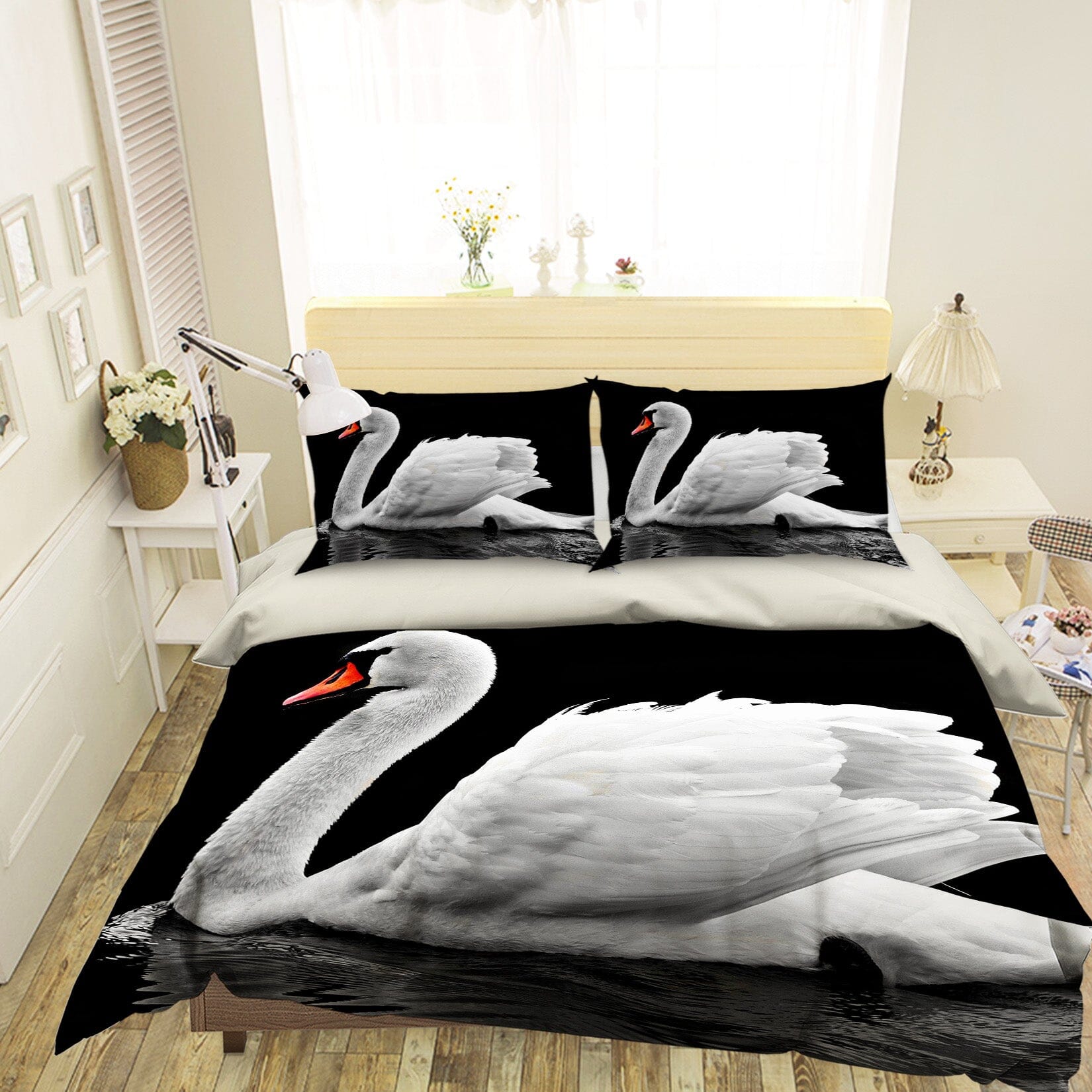 3D White Swan 1947 Bed Pillowcases Quilt Quiet Covers AJ Creativity Home 