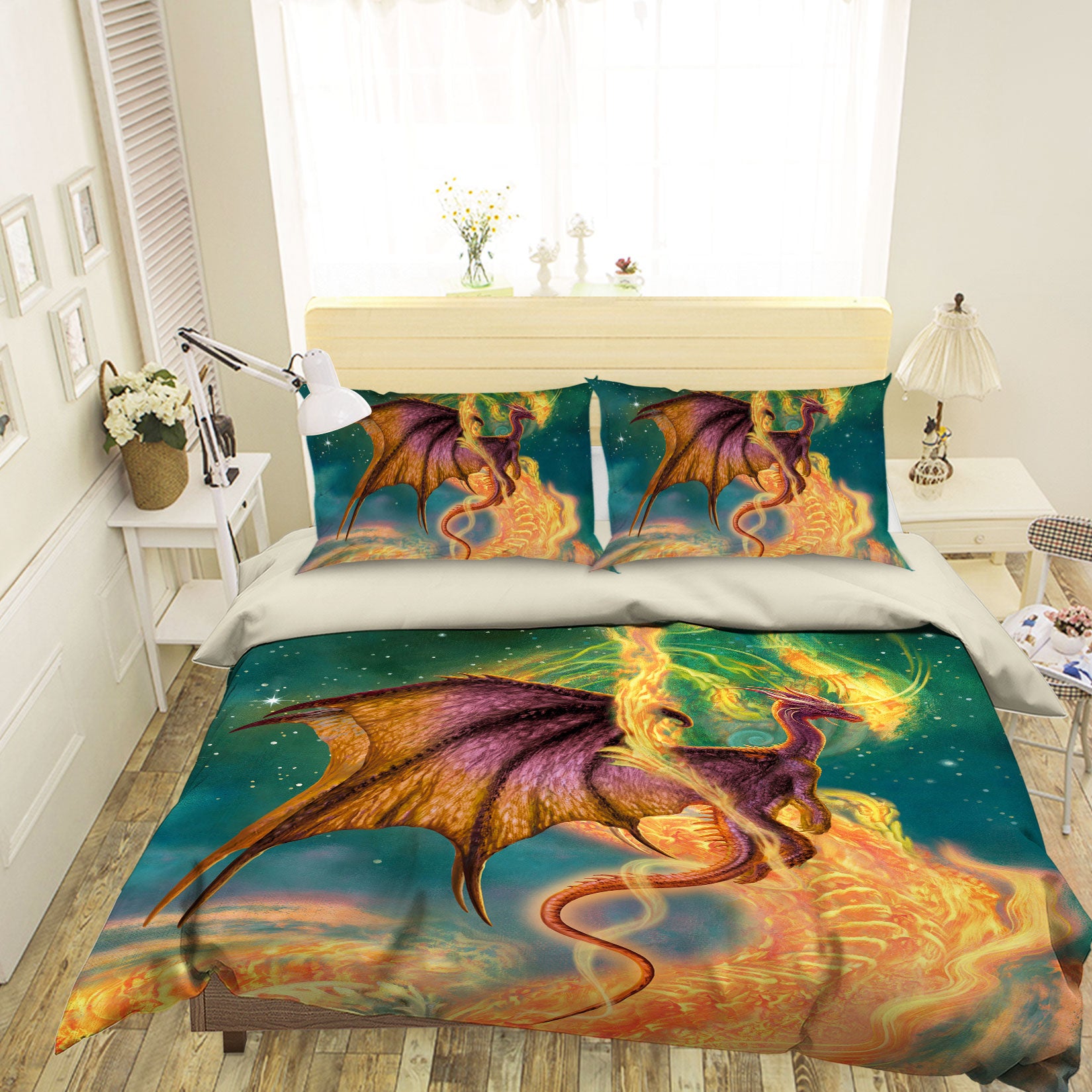 3D Starry Golden Pattern Dragon 7044 Ciruelo Bedding Bed Pillowcases Quilt