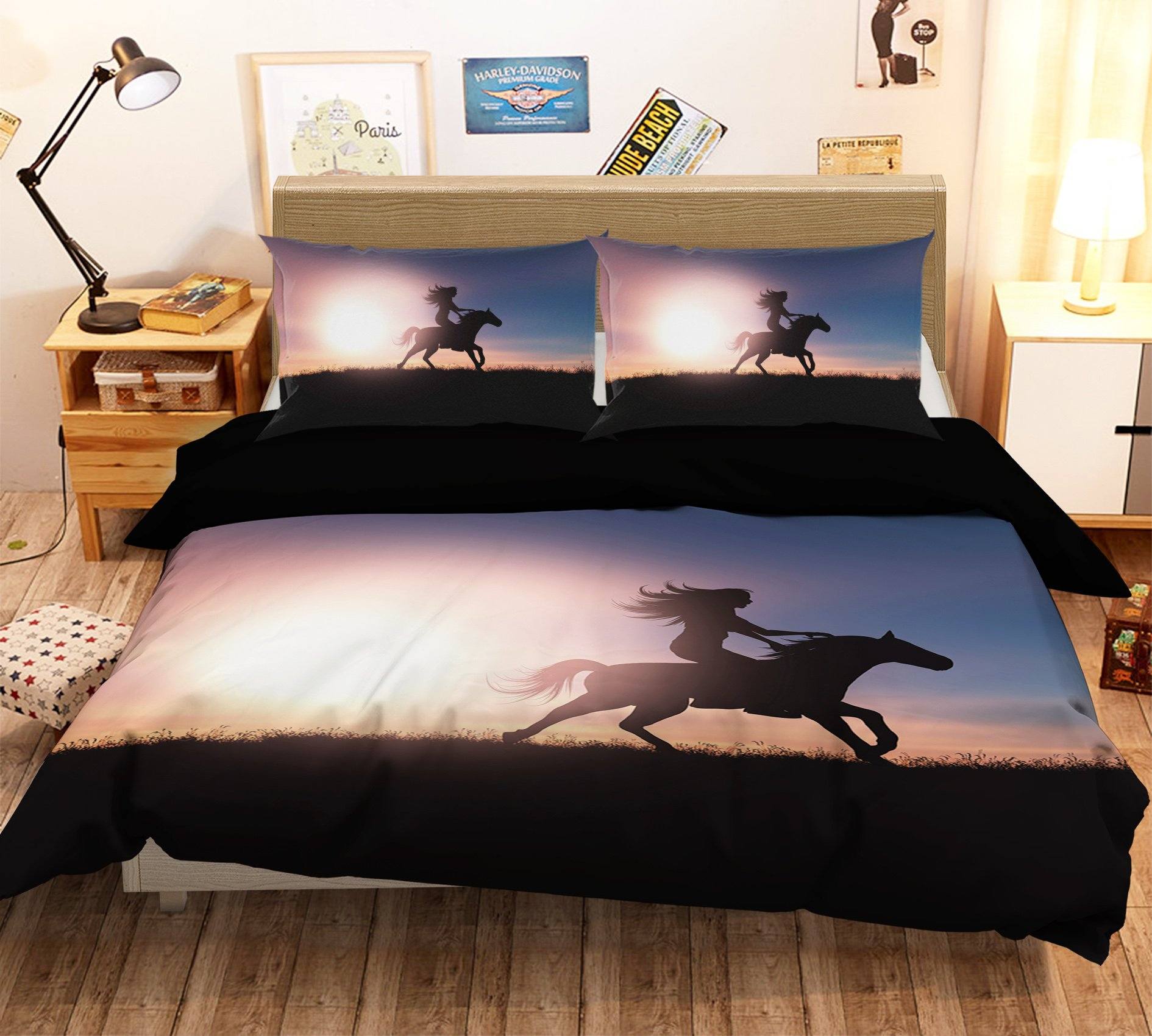 3D Sunset Riding Horse 1905 Bed Pillowcases Quilt Quiet Covers AJ Creativity Home 