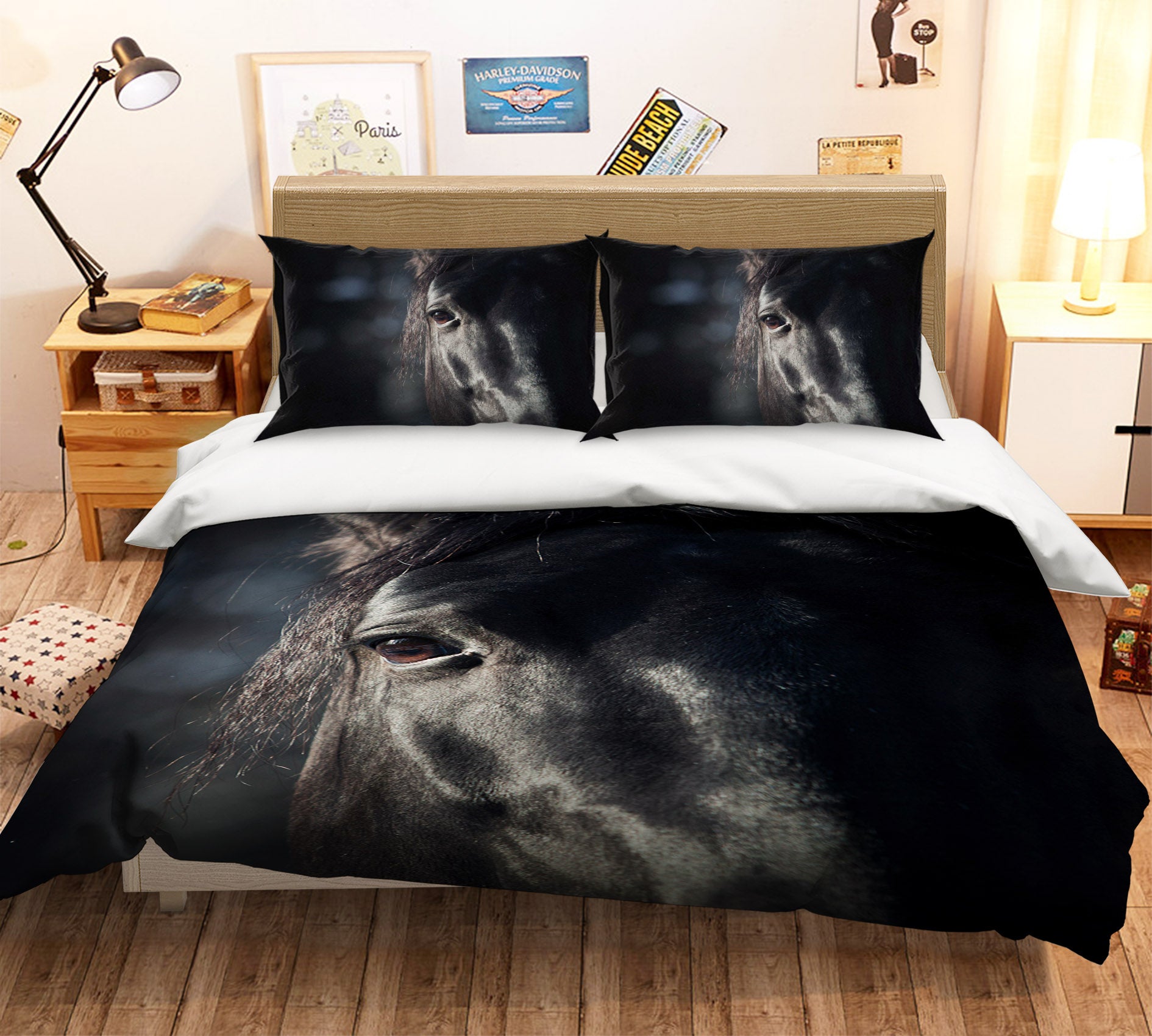 3D Black Horse Eyes 067 Bed Pillowcases Quilt