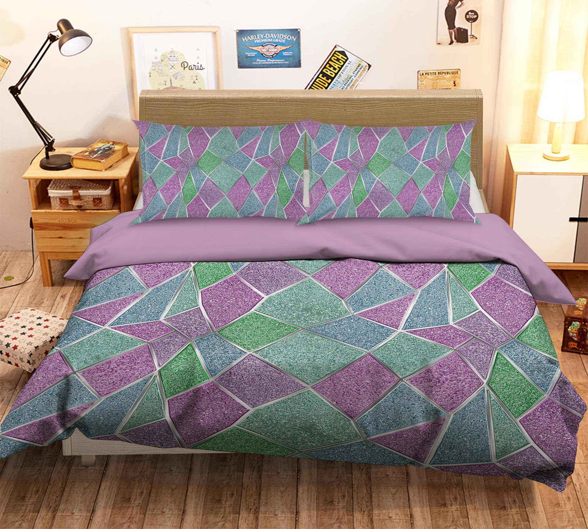 3D Purple Green Stitching 14081 Bed Pillowcases Quilt