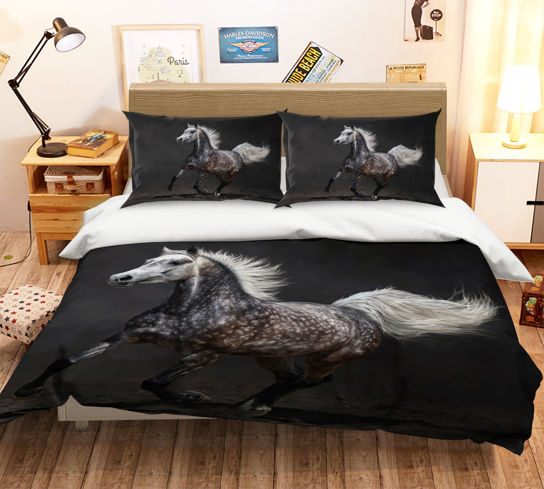 3D Running Bblack Horse 061 Bed Pillowcases Quilt