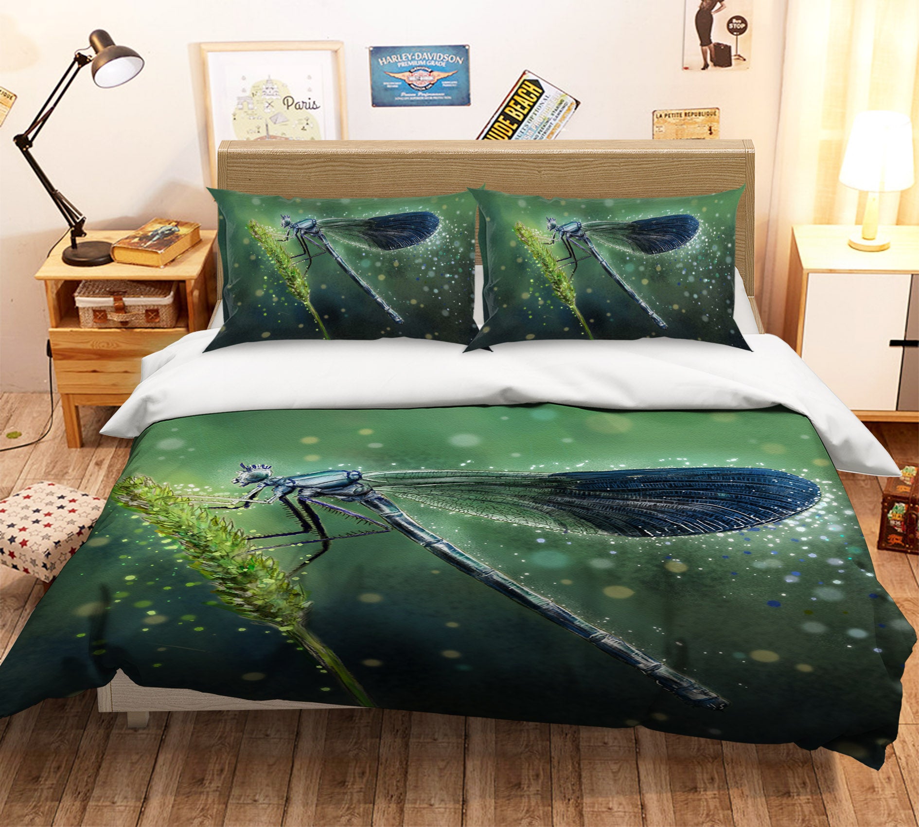 3D Green Dragonfly 112 Bed Pillowcases Quilt