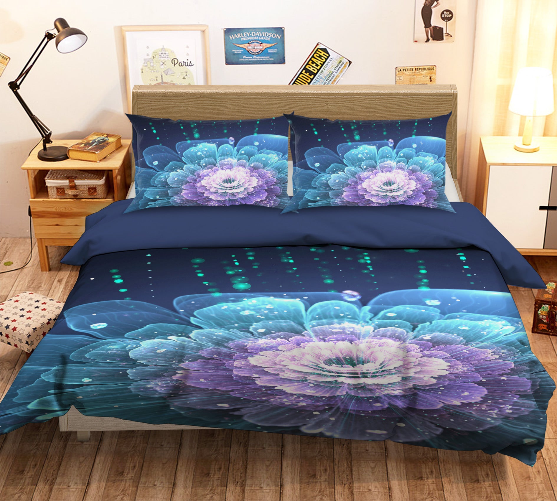 3D Purple Blue Flowers 12193 Bed Pillowcases Quilt