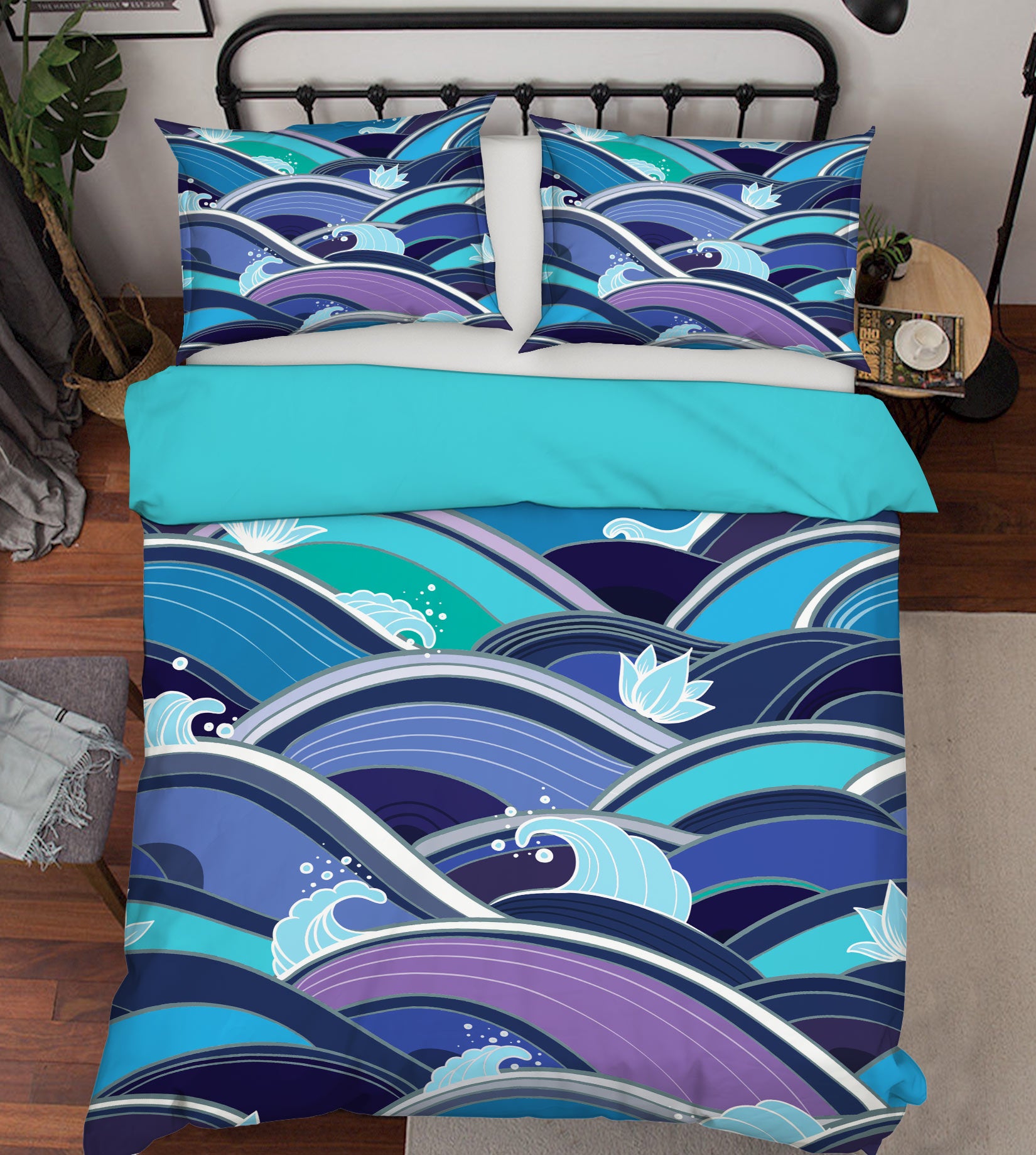 3D Blue Purple Waves 59094 Bed Pillowcases Quilt