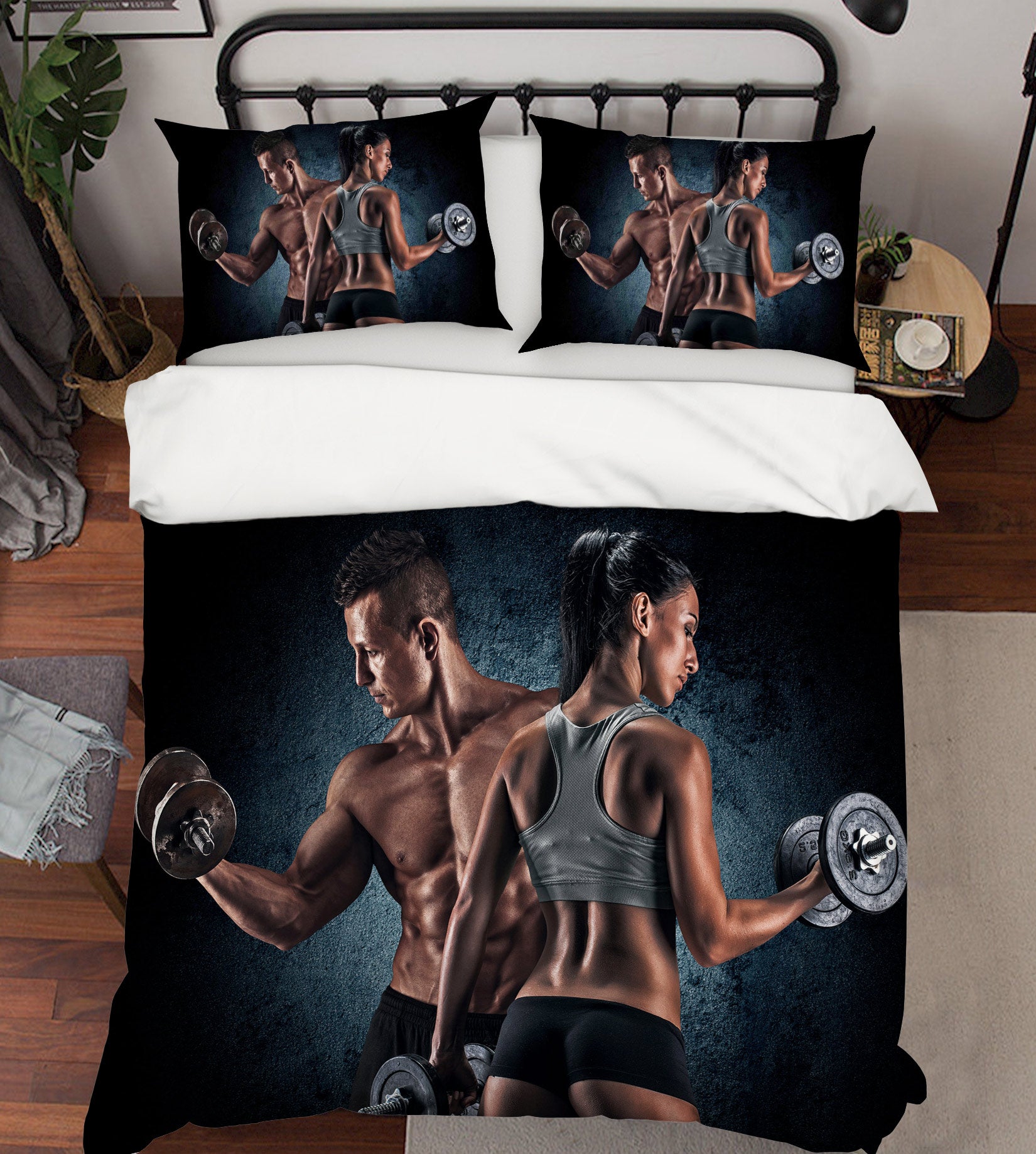3D Men Women Lifting Dumbbells 14142 Bed Pillowcases Quilt