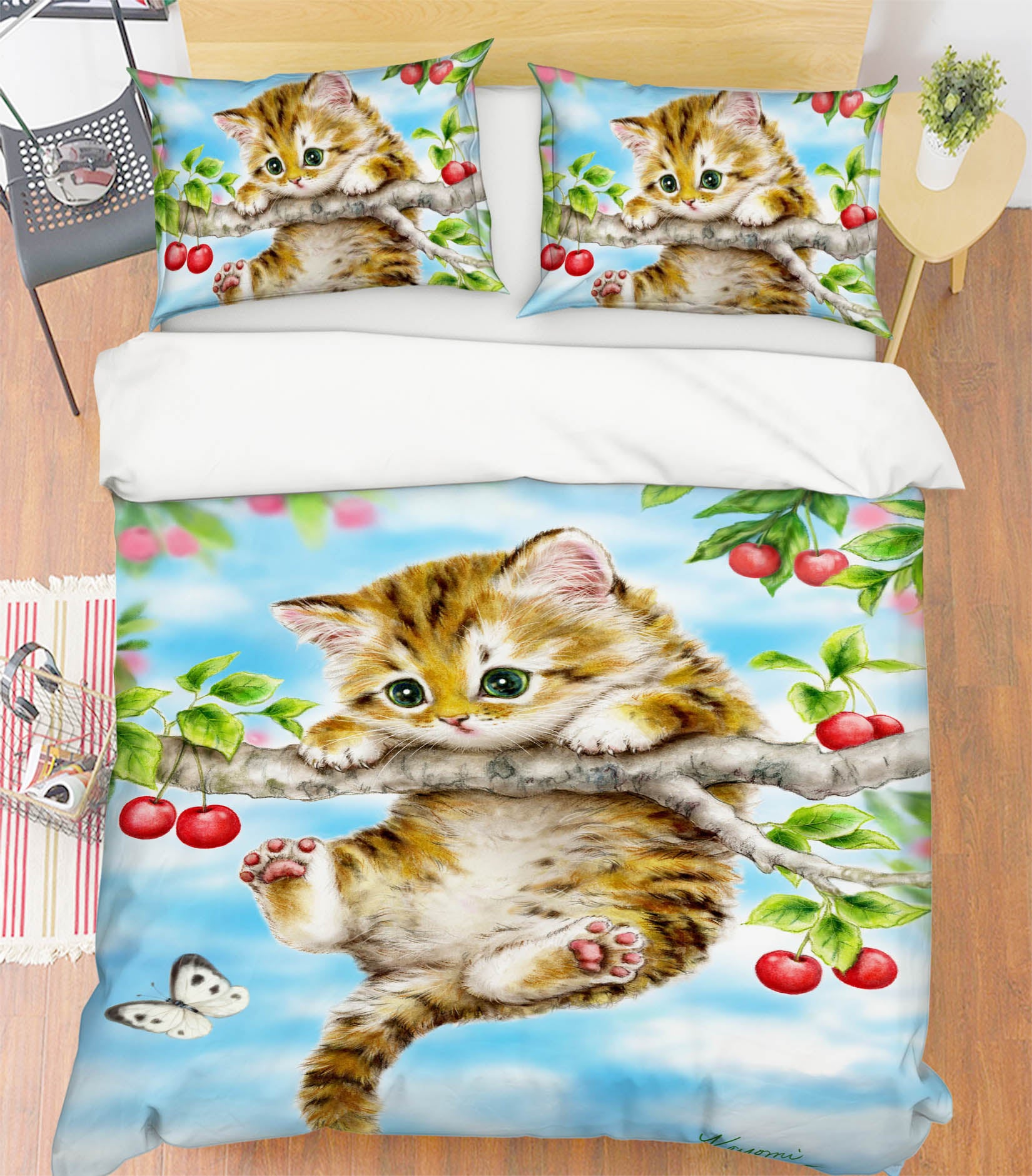 3D Cherry Cat Butterfly 5918 Kayomi Harai Bedding Bed Pillowcases Quilt Cover Duvet Cover