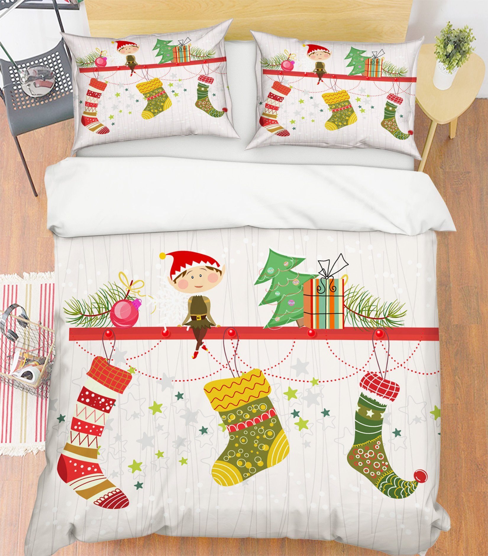 3D Christmas Sock Hanging 2 Bed Pillowcases Quilt Quiet Covers AJ Creativity Home 