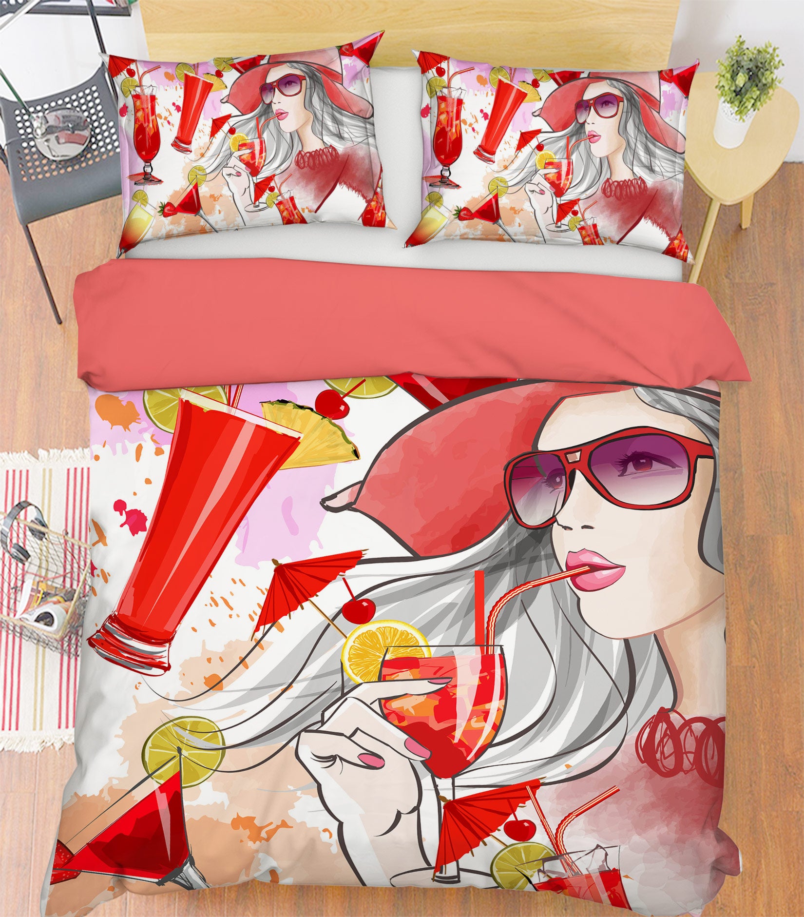 3D Red Drink Woman 036 Bed Pillowcases Quilt