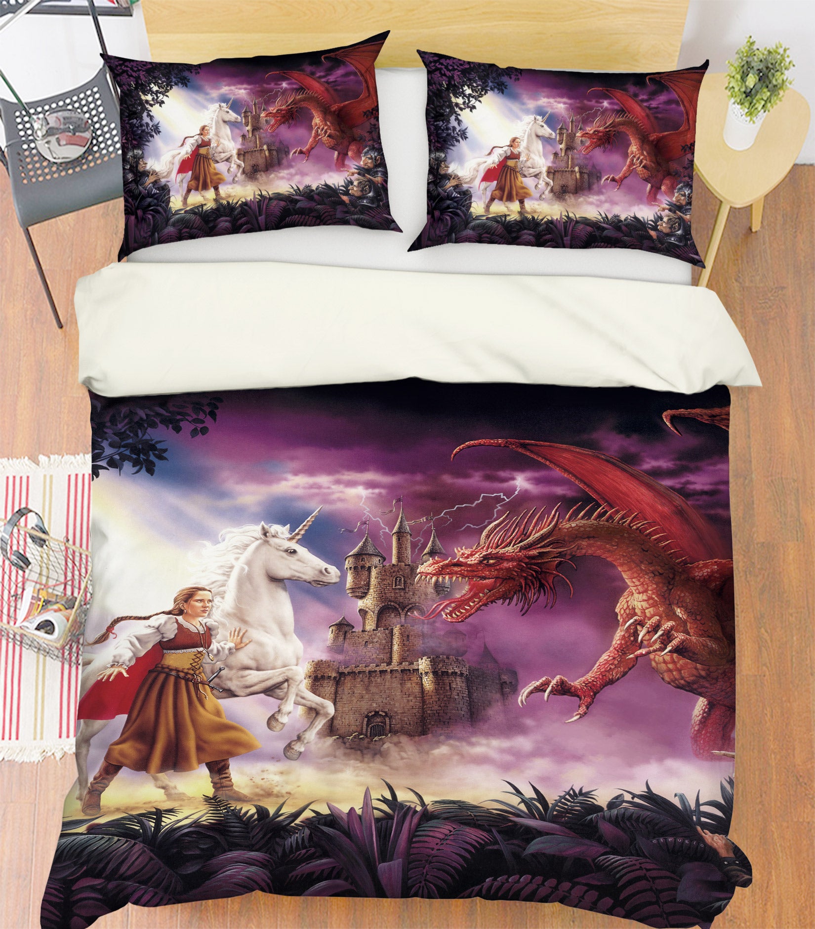 3D White Unicorn Red Dragon Castle 6184 Ciruelo Bedding Bed Pillowcases Quilt