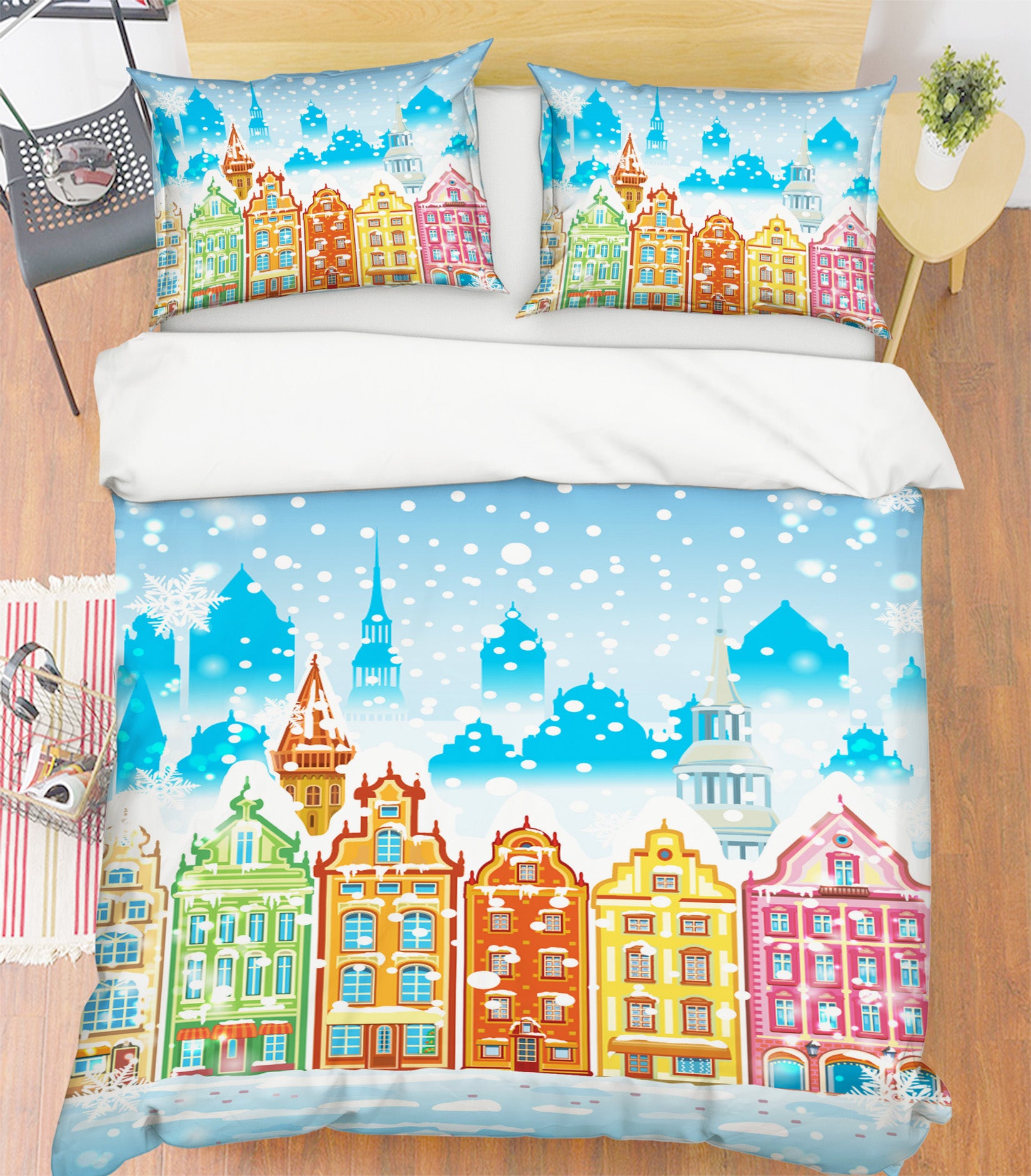 3D Colorful Houses Snowing 51090 Christmas Quilt Duvet Cover Xmas Bed Pillowcases