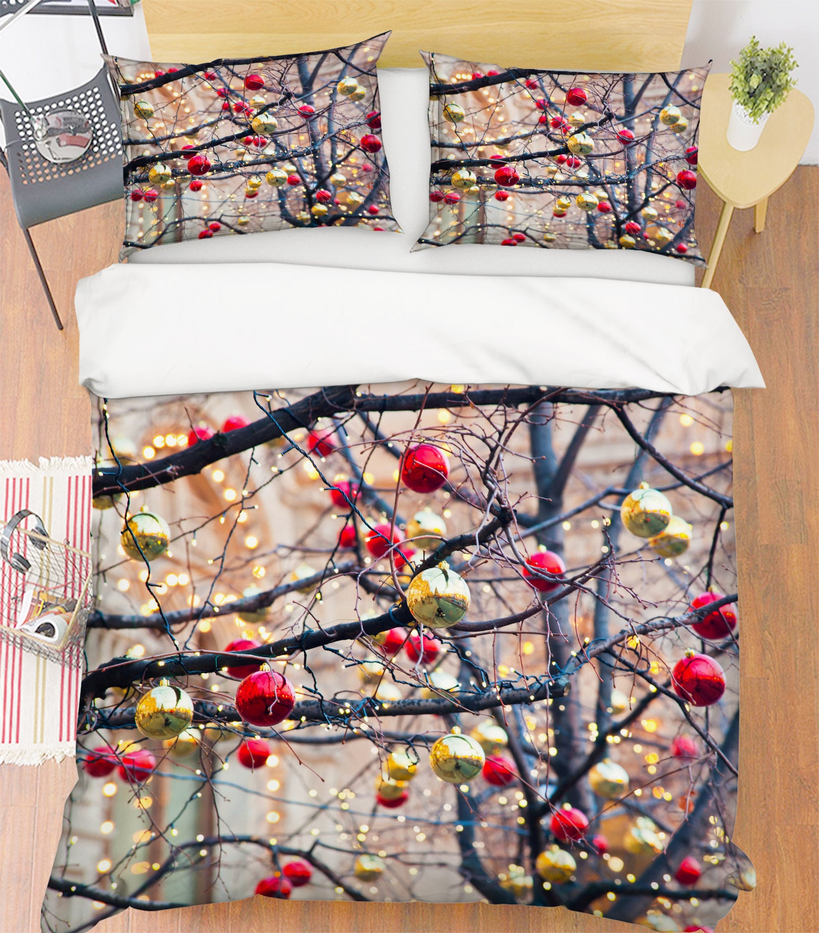 3D Branches Red Golden Ball 51099 Christmas Quilt Duvet Cover Xmas Bed Pillowcases