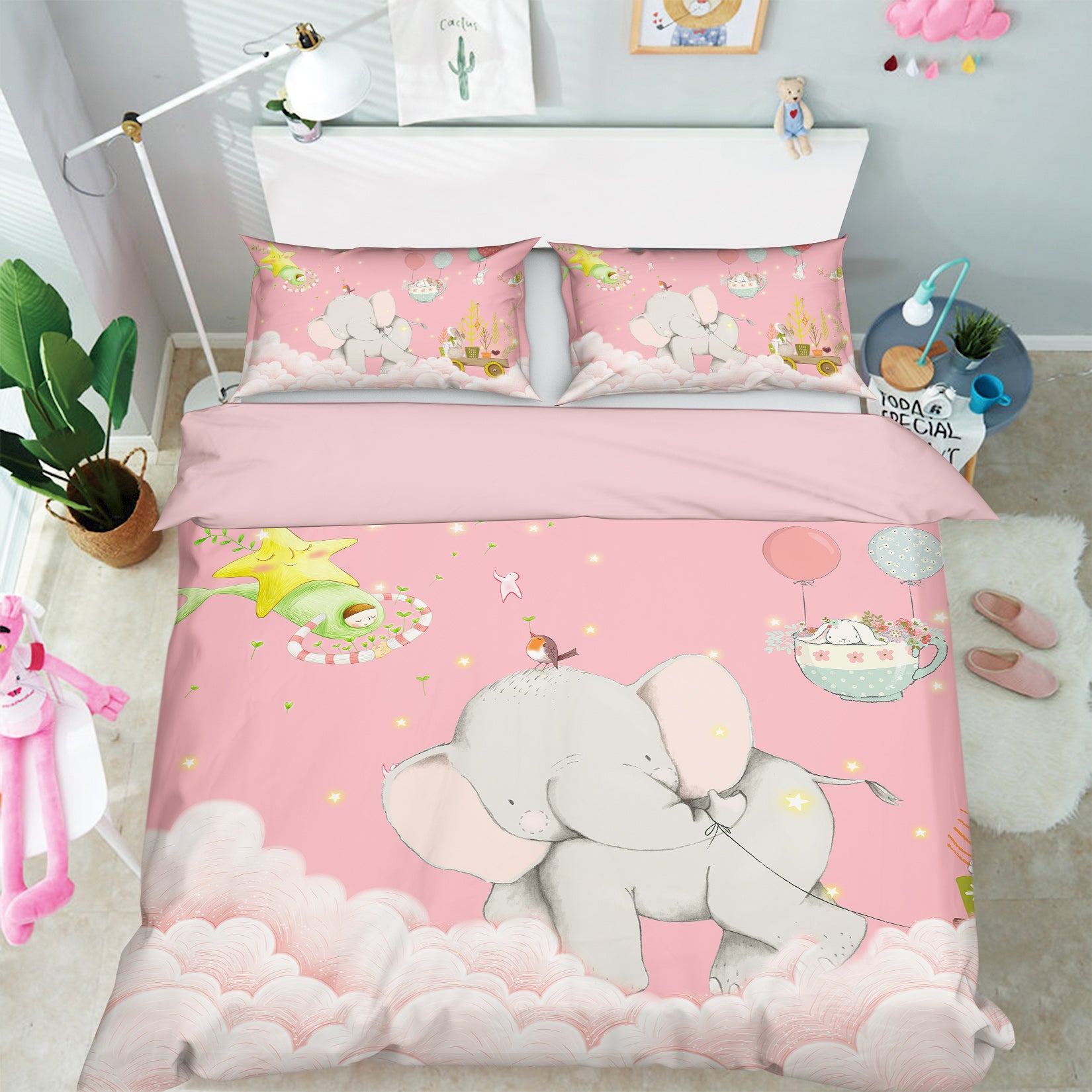 3D Pink Elephant 13072 Bed Pillowcases Quilt