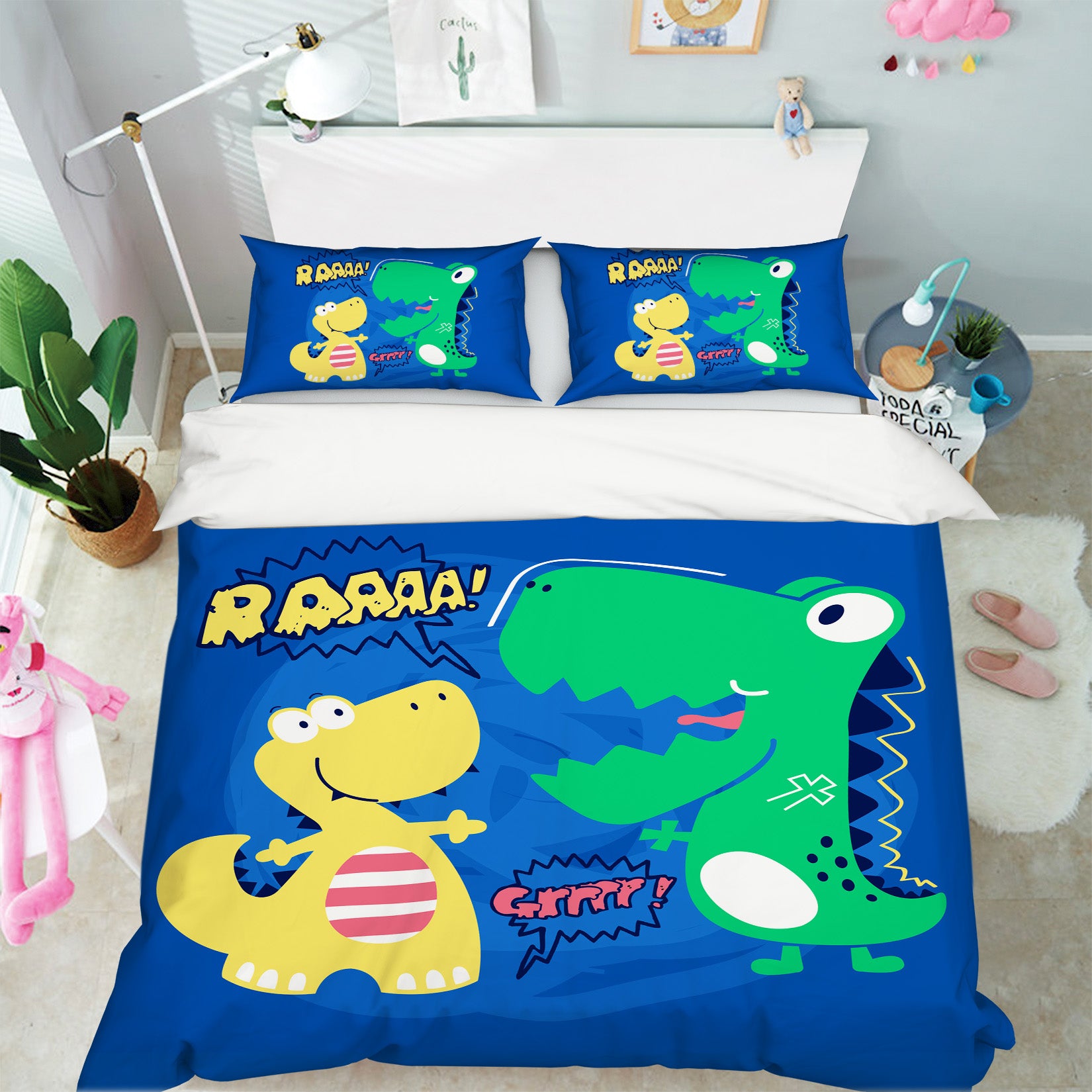 3D Cartoon Yellow Green Dinosaur 59033 Bed Pillowcases Quilt