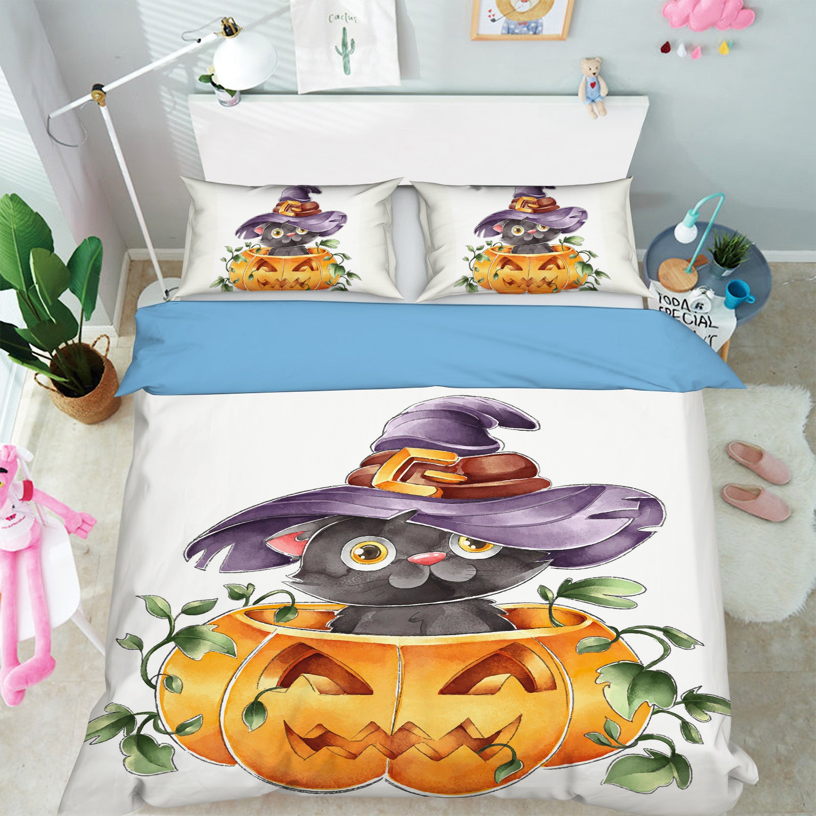 3D Pumpkin Black Cat 1206 Halloween Bed Pillowcases Quilt Quiet Covers AJ Creativity Home 
