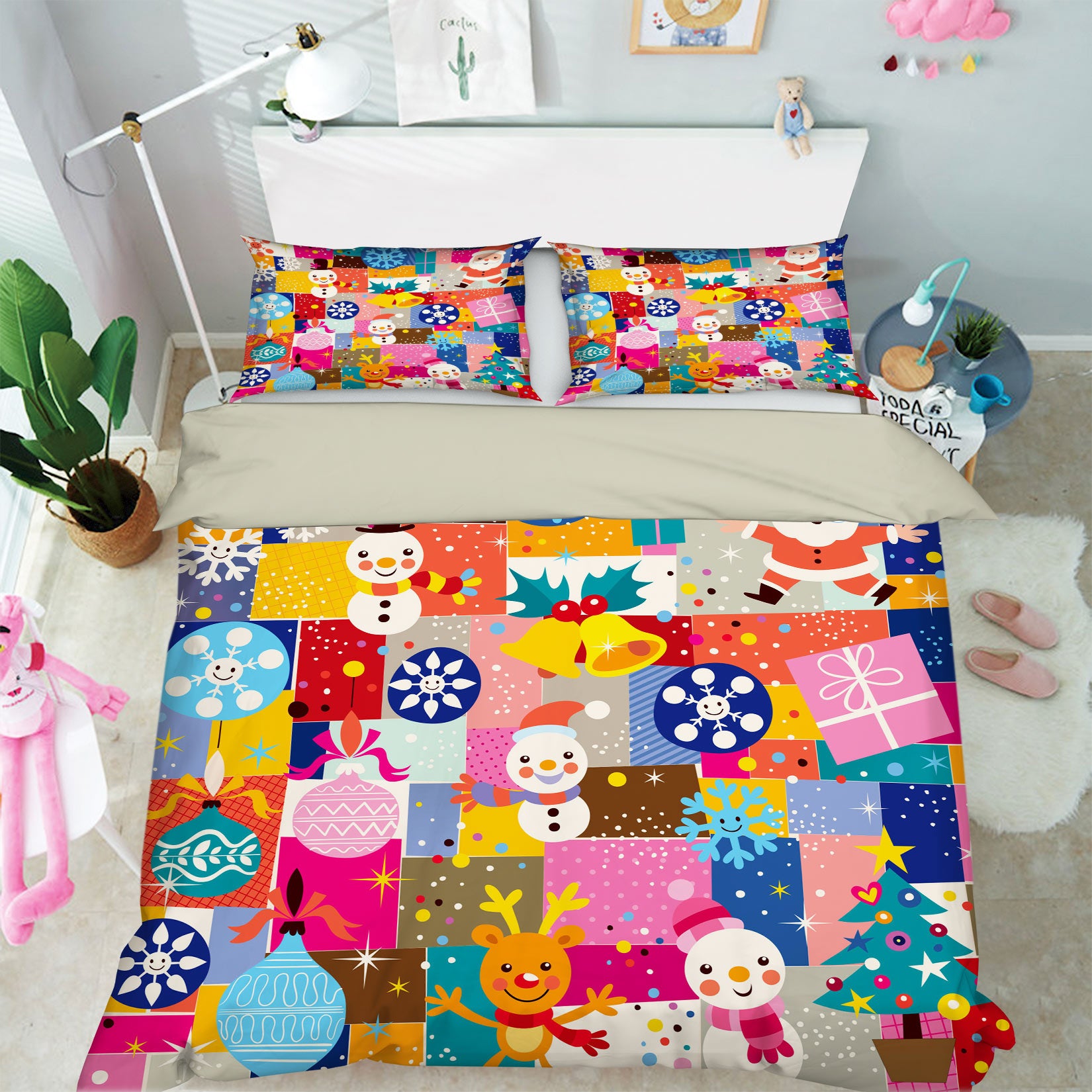 3D Snowman Snowflake Colored Square 50013 Christmas Quilt Duvet Cover Xmas Bed Pillowcases