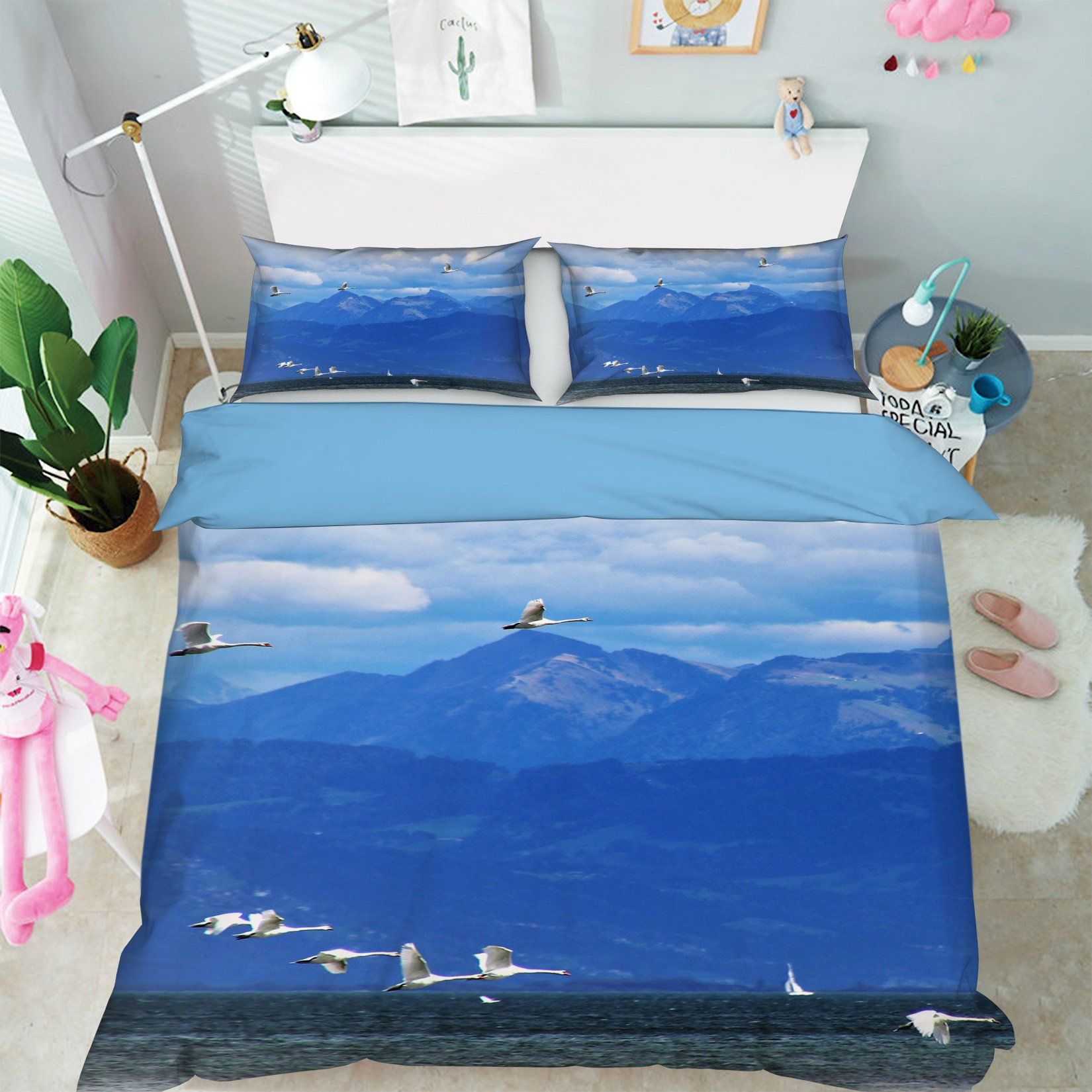 3D Mountains Flying White Crane 1939 Bed Pillowcases Quilt Quiet Covers AJ Creativity Home 