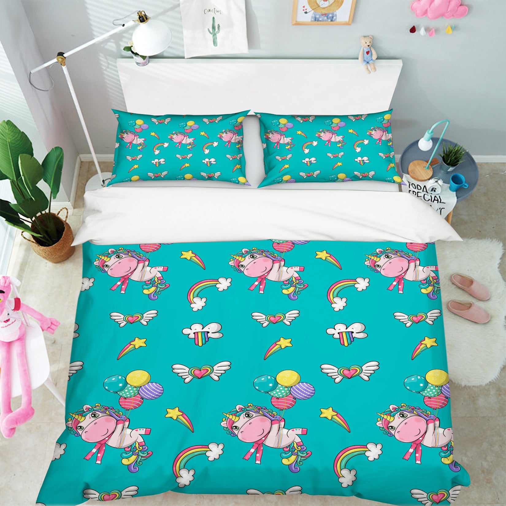 3D Wings Heart Rainbow Ball Unicorn 61041 Bed Pillowcases Quilt