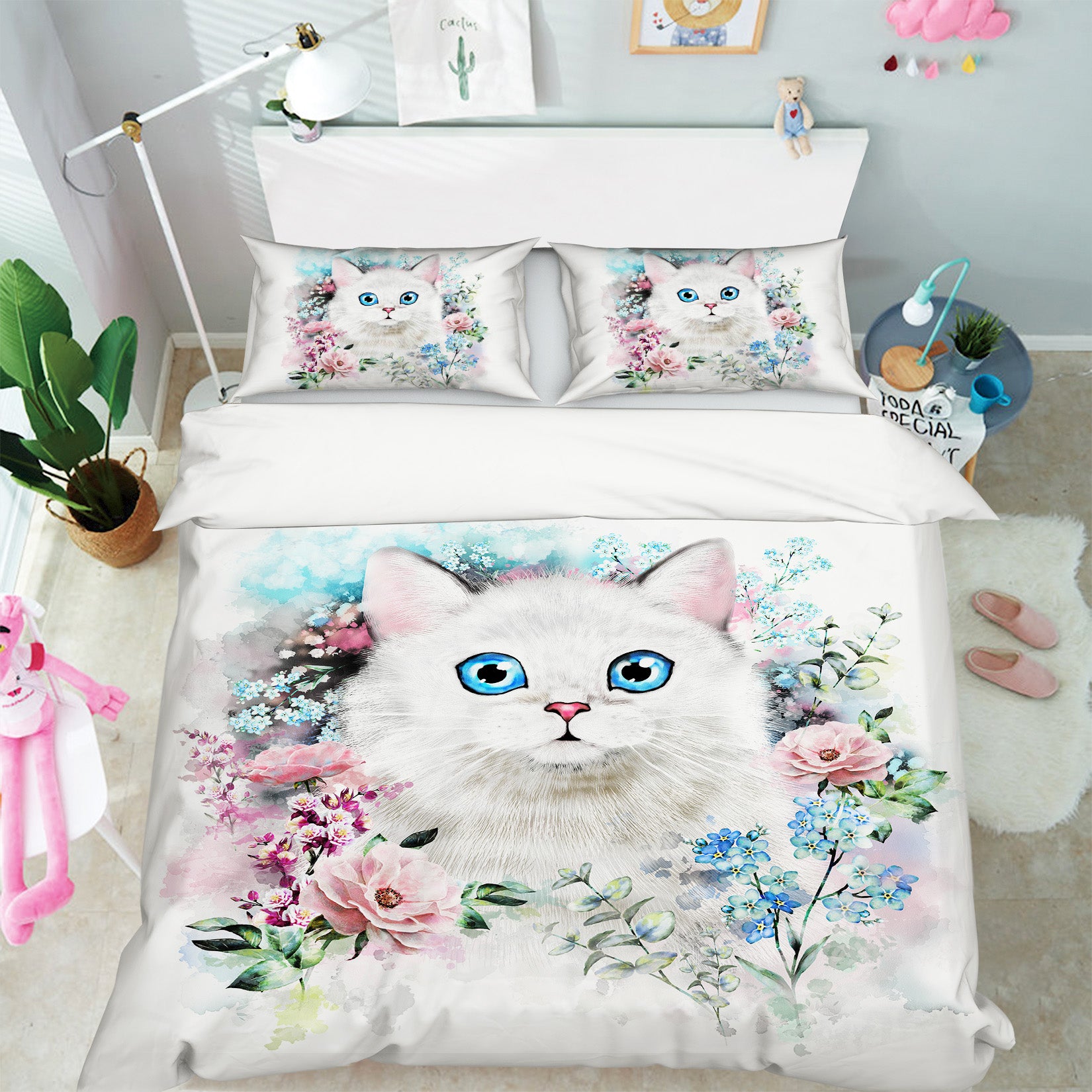 3D White Cat Flowers 15057 Bed Pillowcases Quilt