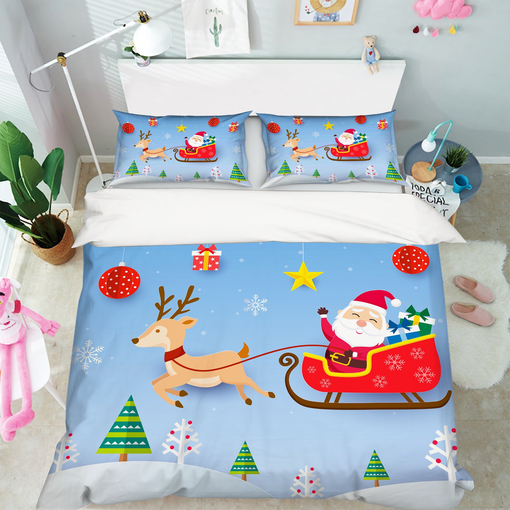 3D Santa Sleigh Deer 60205 Bed Pillowcases Quilt