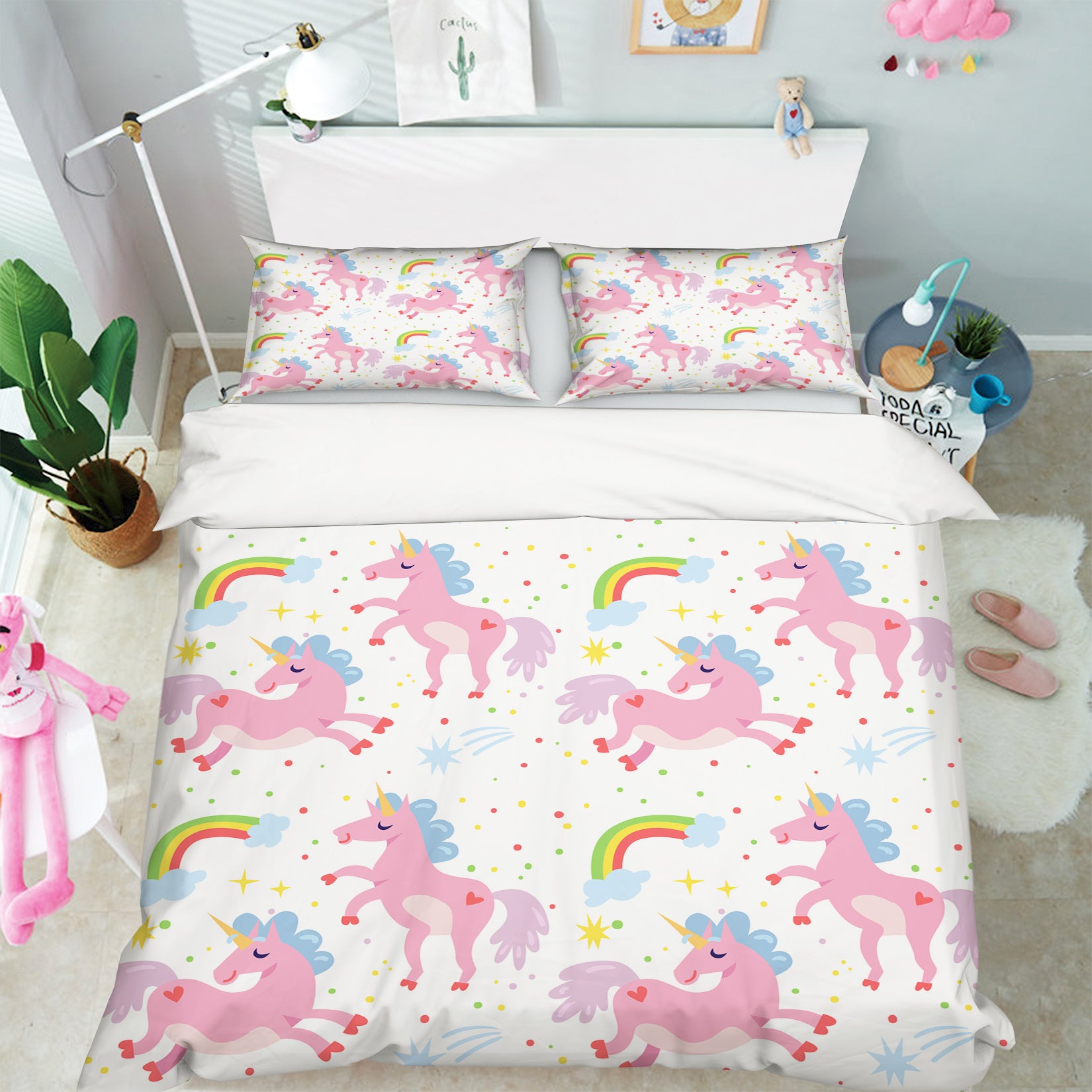 3D Rainbow Pink Unicorn 61043 Bed Pillowcases Quilt