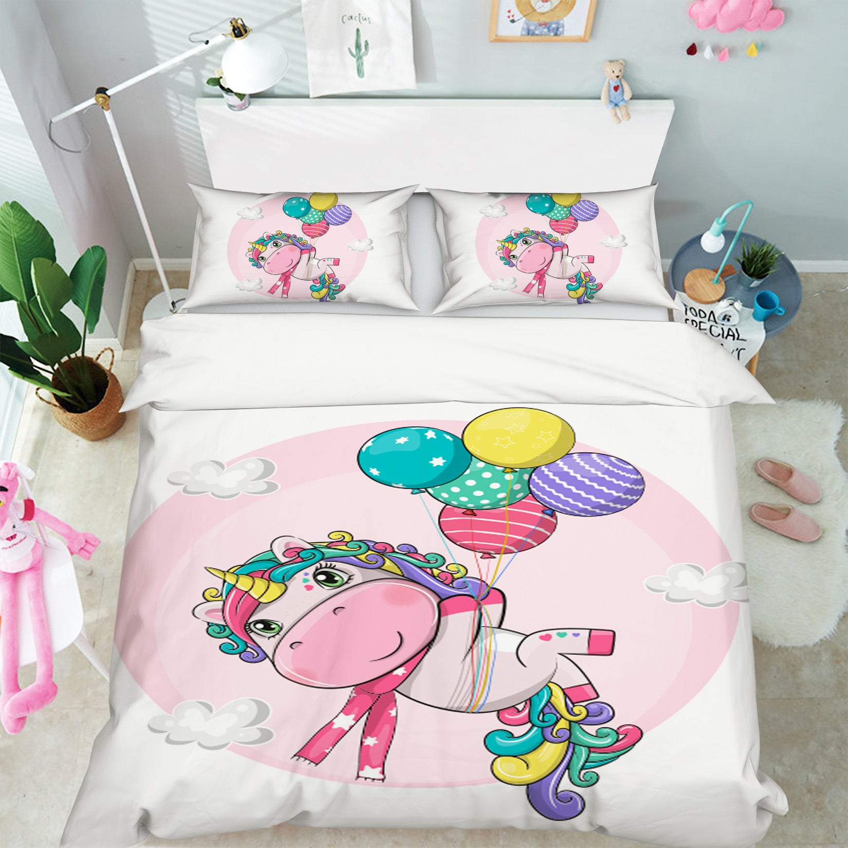 3D Cartoon Colorful Balloon Unicorn 59038 Bed Pillowcases Quilt