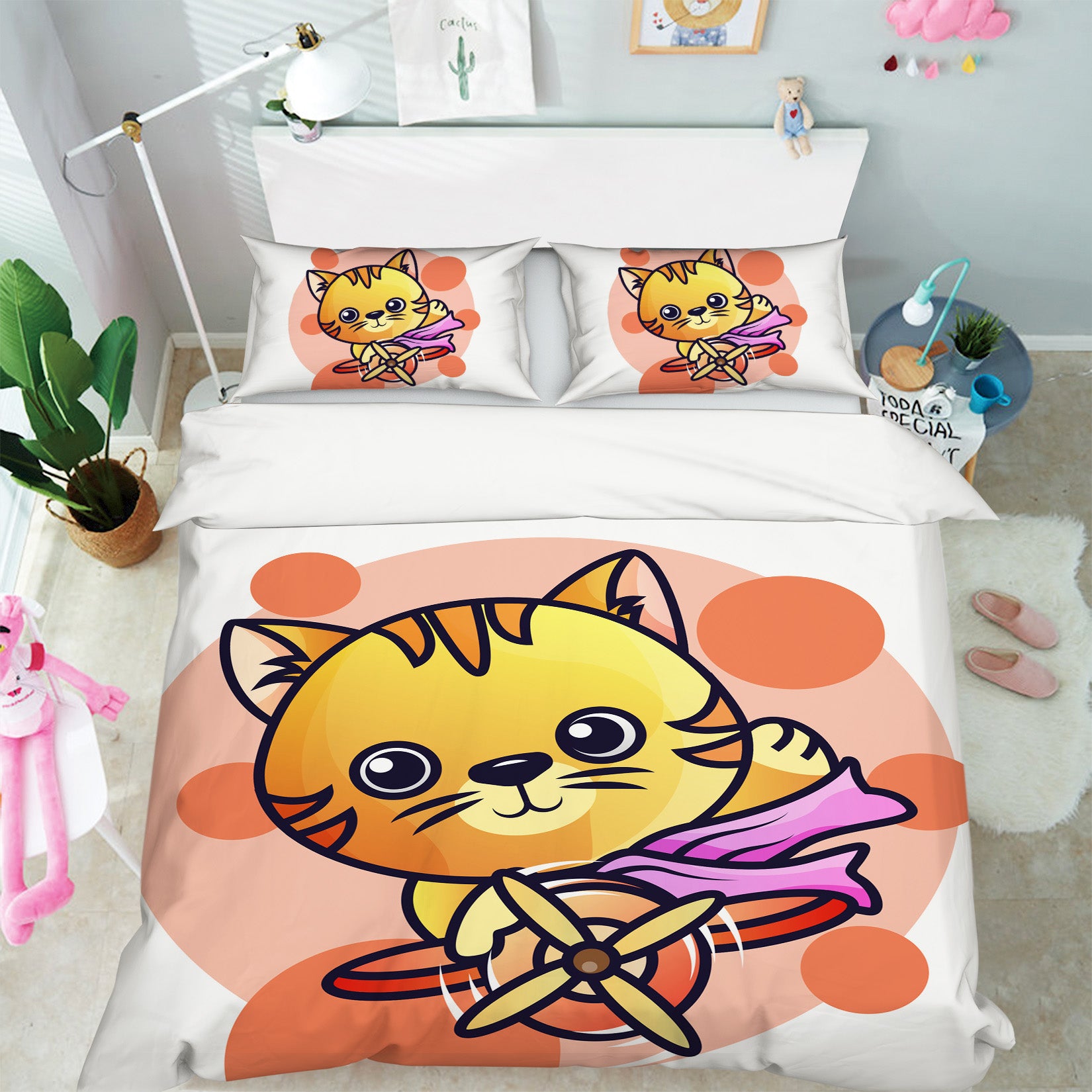 3D Yellow Cat Airplane 59021 Bed Pillowcases Quilt