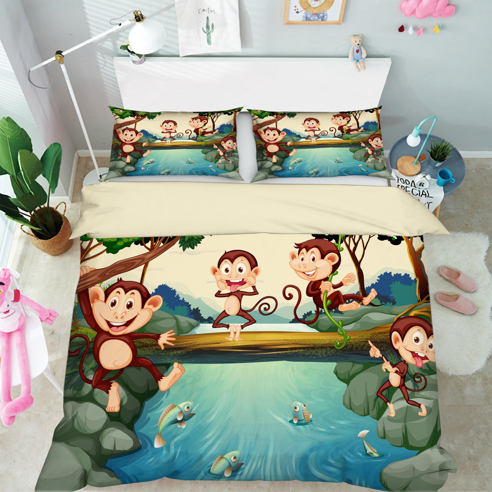 3D Wooden Bridge River Monkey 60060 Bed Pillowcases Quilt
