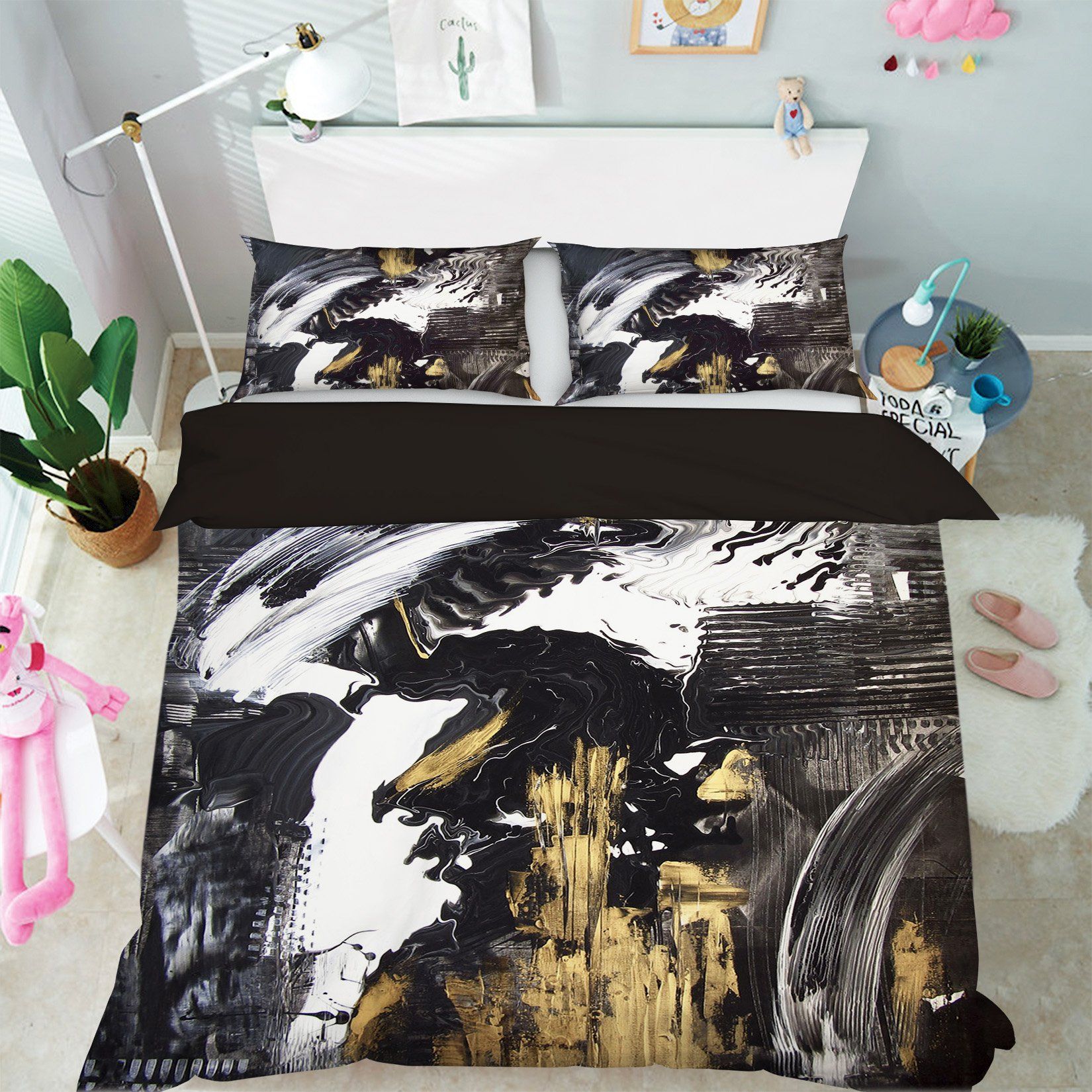 3D Smear Black Gold 034 Bed Pillowcases Quilt Wallpaper AJ Wallpaper 