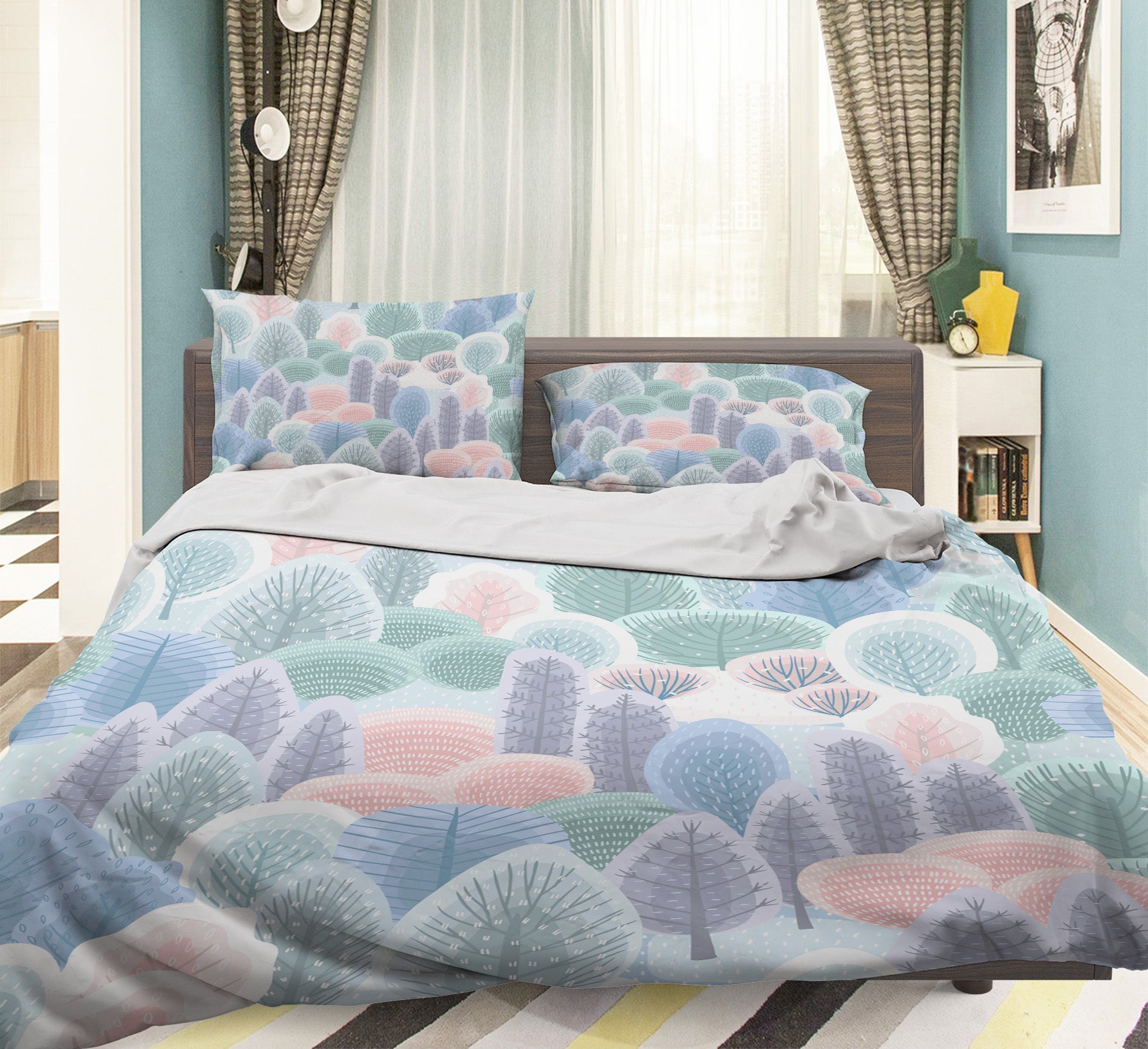 3D Light Blue Pink Tree Pattern 61001 Bed Pillowcases Quilt