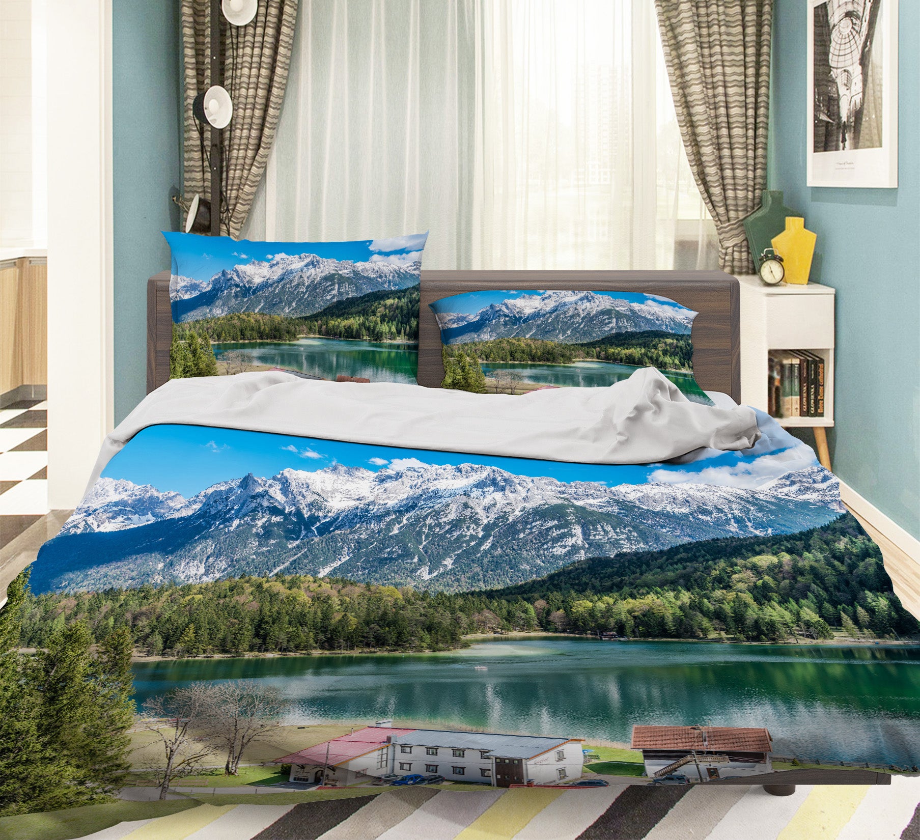 3D Snow Mountain Lake Houses 60093 Bed Pillowcases Quilt