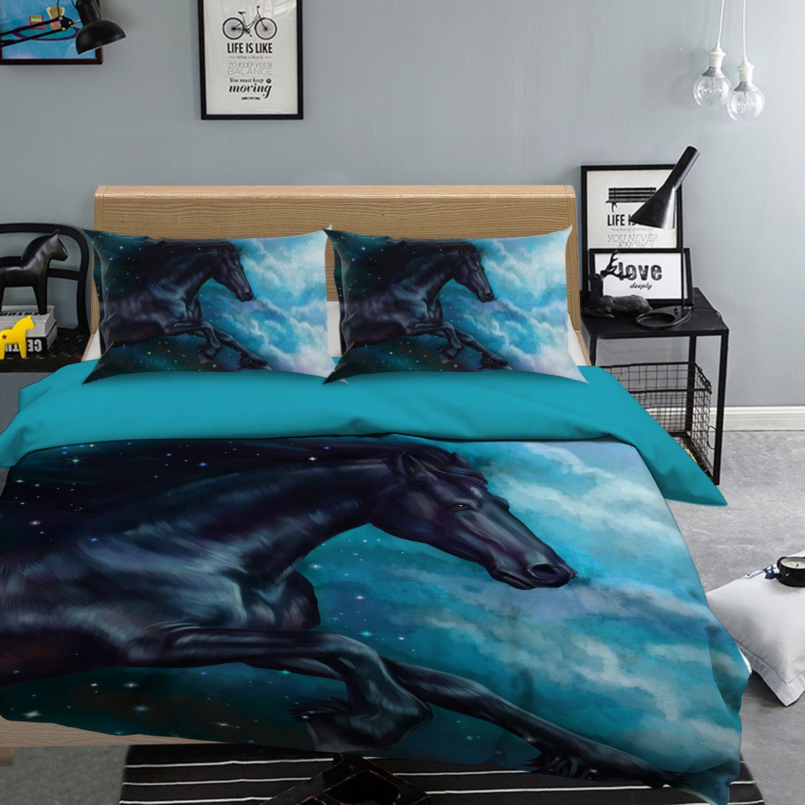 3D Stars Black Horse 036 Bed Pillowcases Quilt