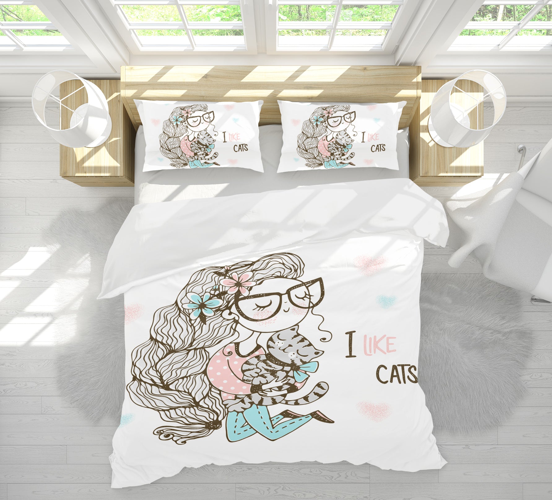 3D Glasses Girl Cat 59039 Bed Pillowcases Quilt
