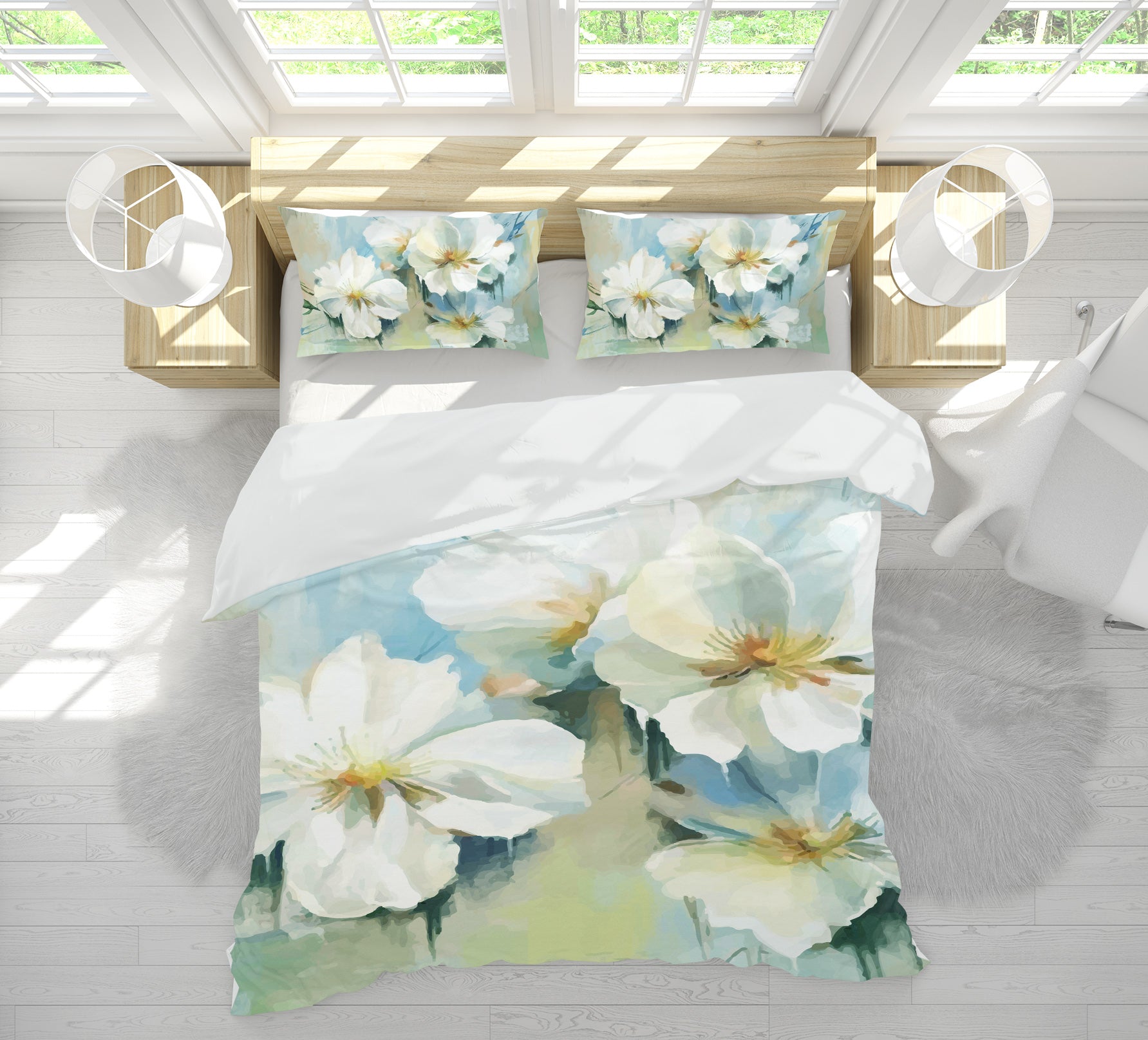 3D White Flowers 13131 Bed Pillowcases Quilt
