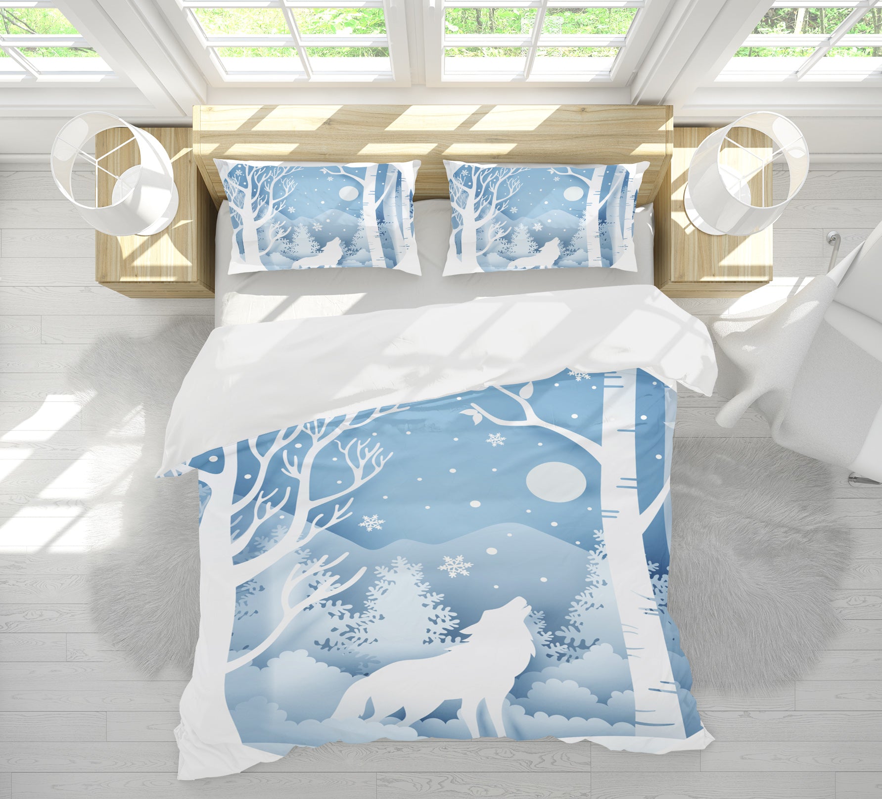 3D White Snowflake Wolf 59002 Bed Pillowcases Quilt