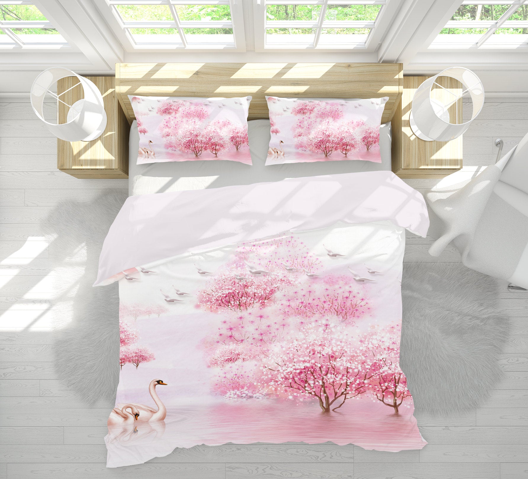 3D Pink Tree Swan 13022 Bed Pillowcases Quilt