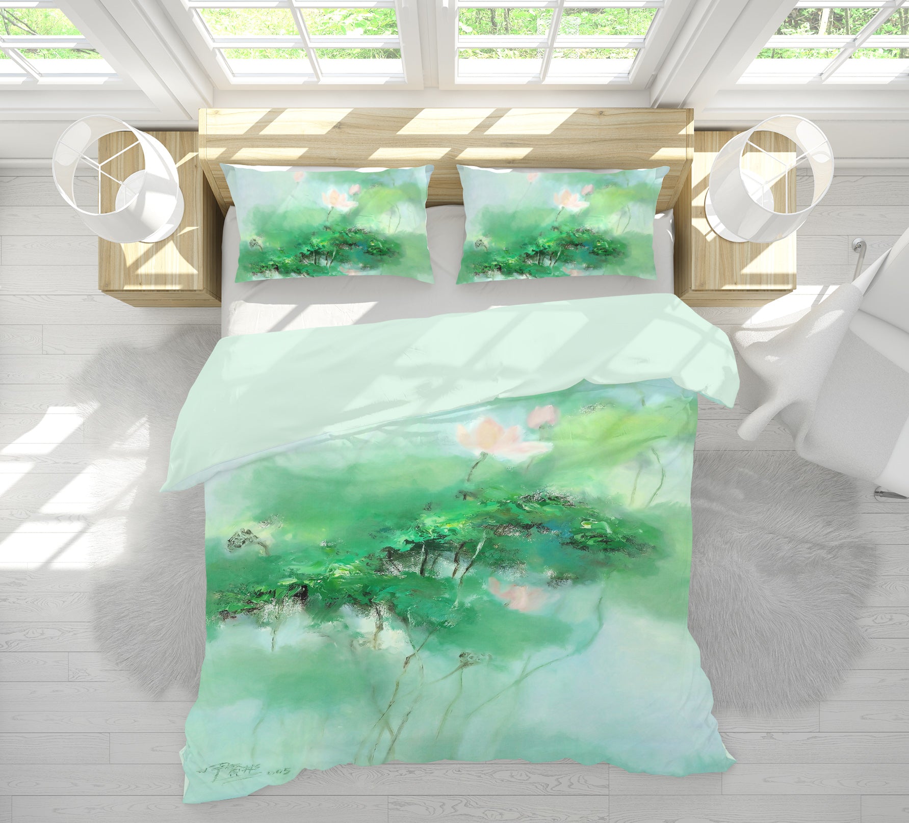 3D Green Lotus 12155 Bed Pillowcases Quilt