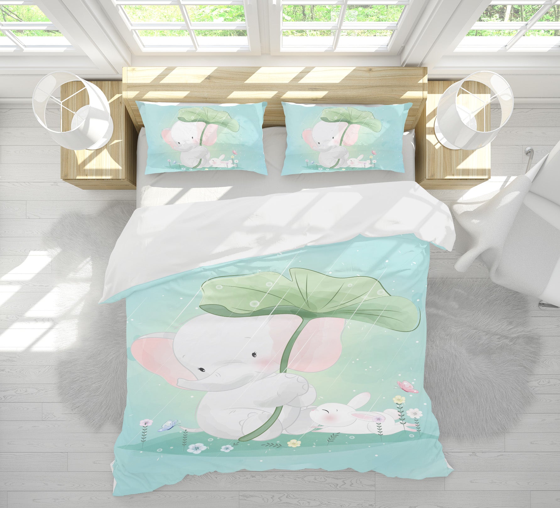 3D Elephant Lotus Leaf 58224 Bed Pillowcases Quilt