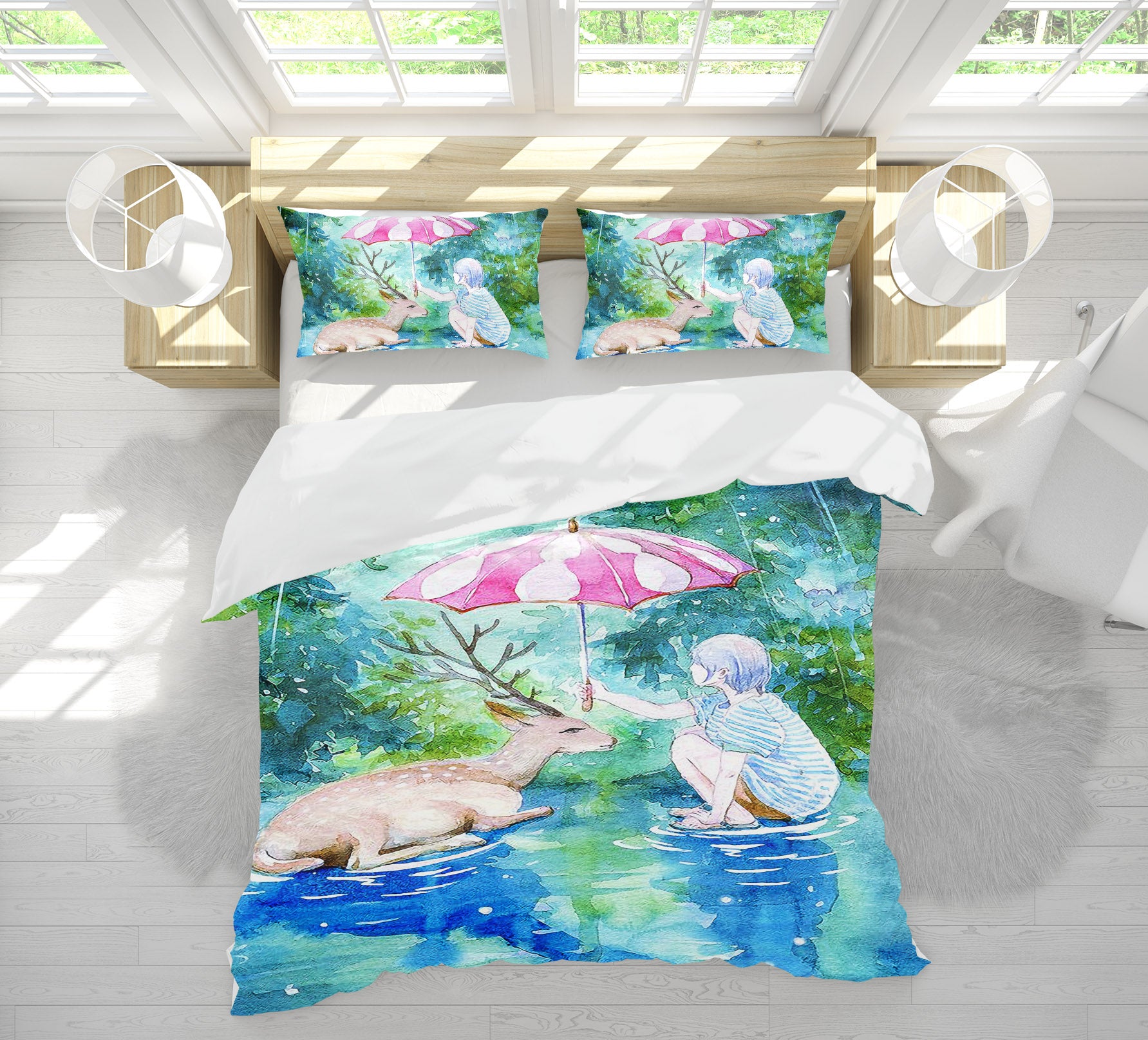 3D Girl Umbrella Deer 12147 Bed Pillowcases Quilt
