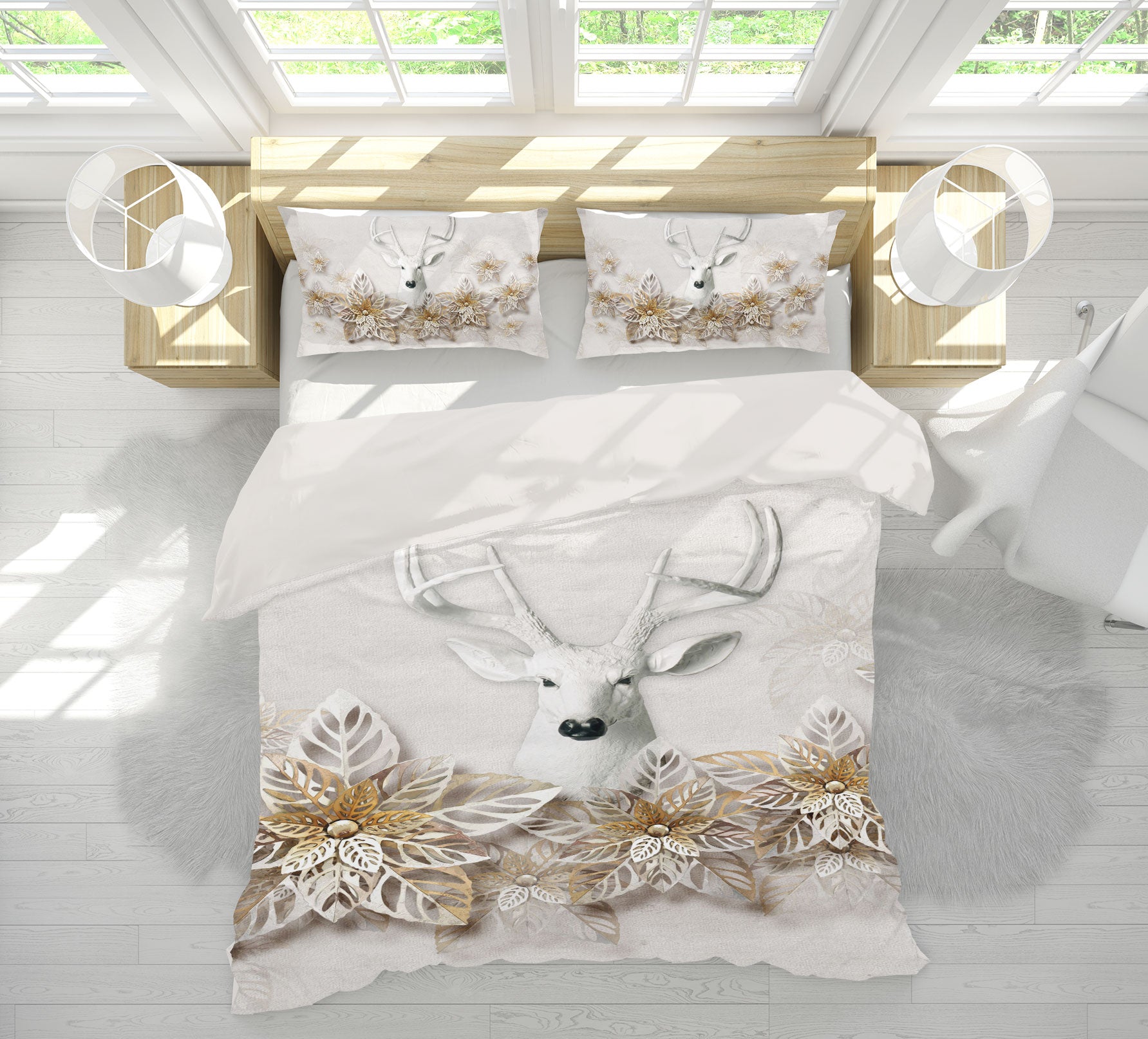 3D White Deer Flowers 13015 Bed Pillowcases Quilt