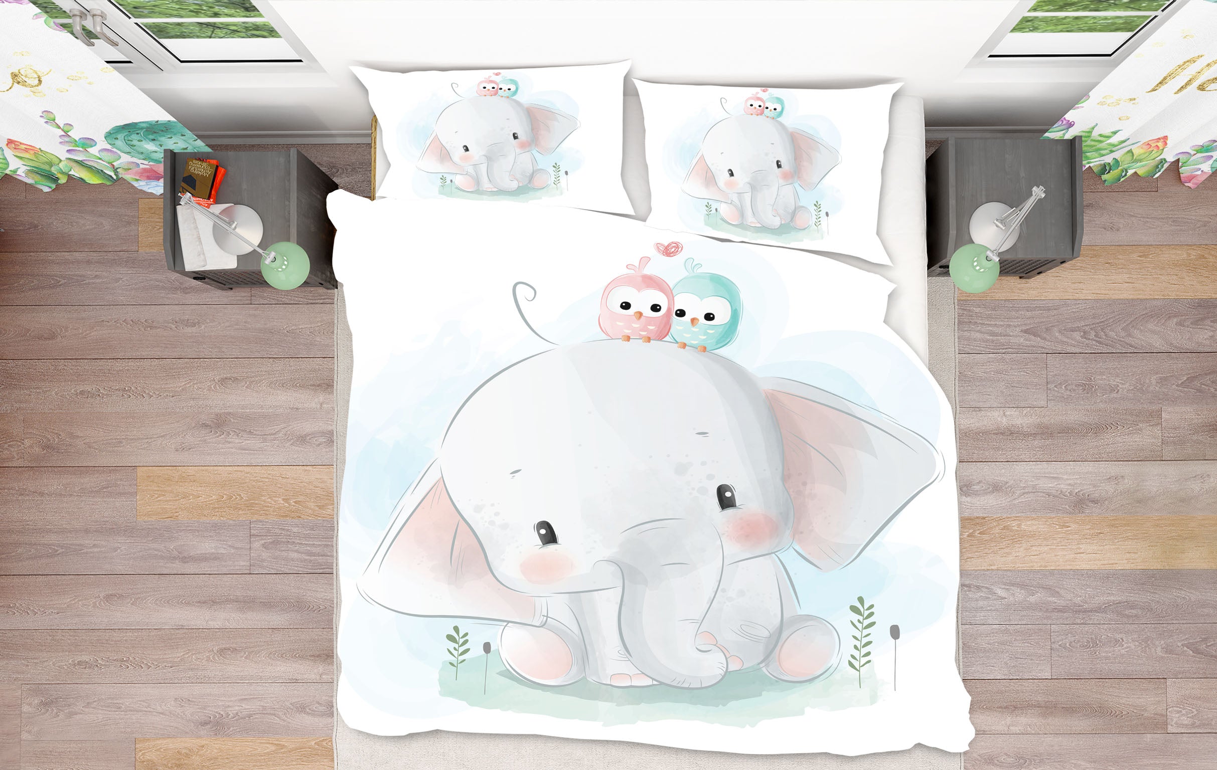 3D Cartoon Elephant Bird 59007 Bed Pillowcases Quilt