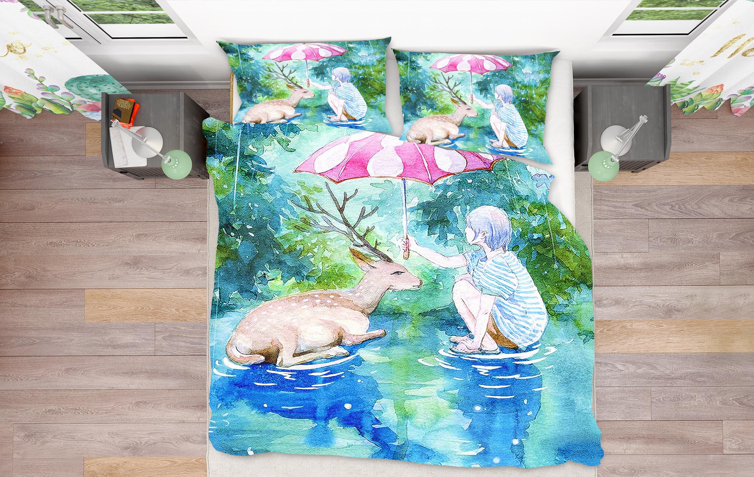 3D Girl Umbrella Deer 12147 Bed Pillowcases Quilt