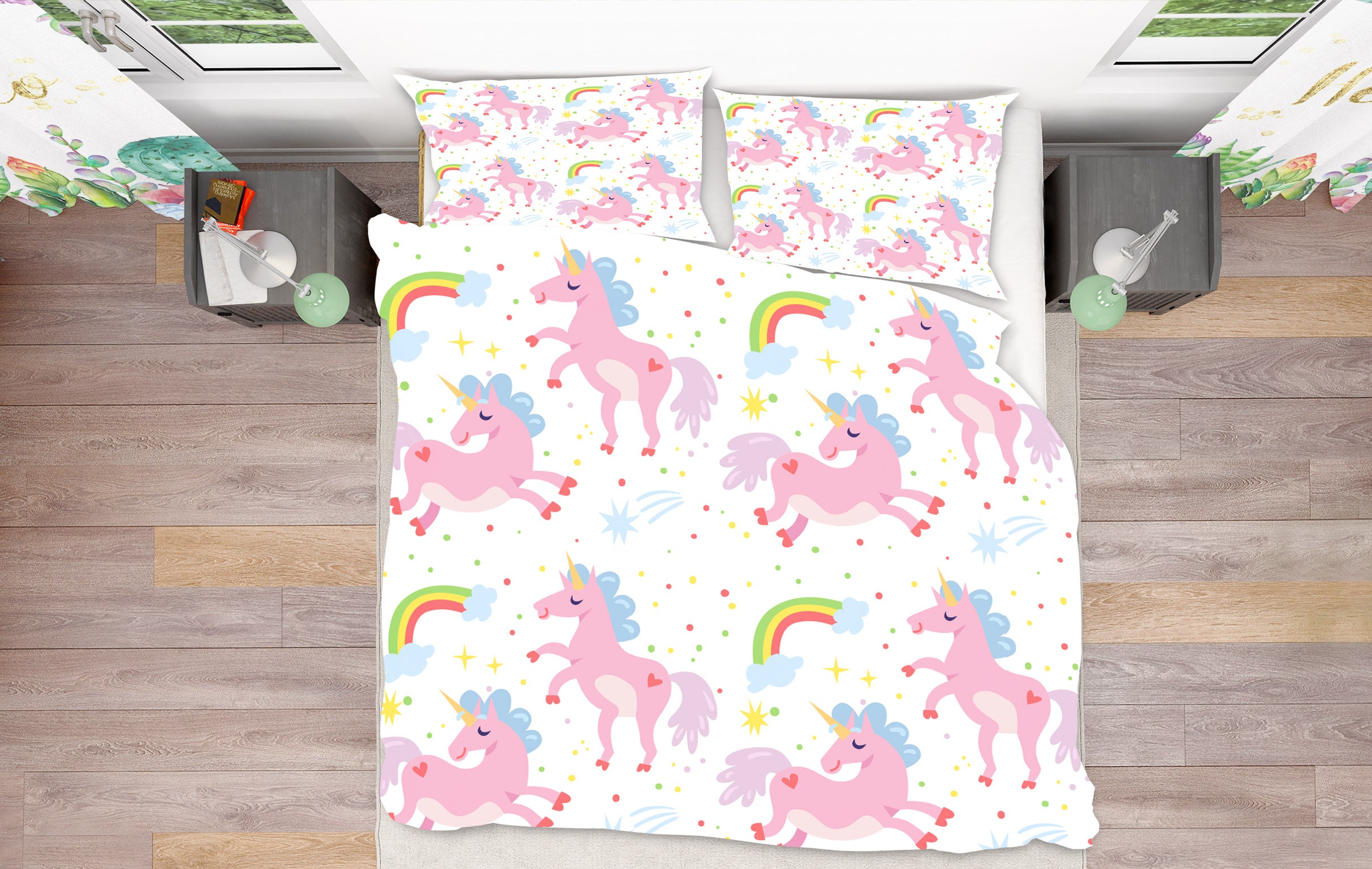 3D Rainbow Pink Unicorn 61043 Bed Pillowcases Quilt