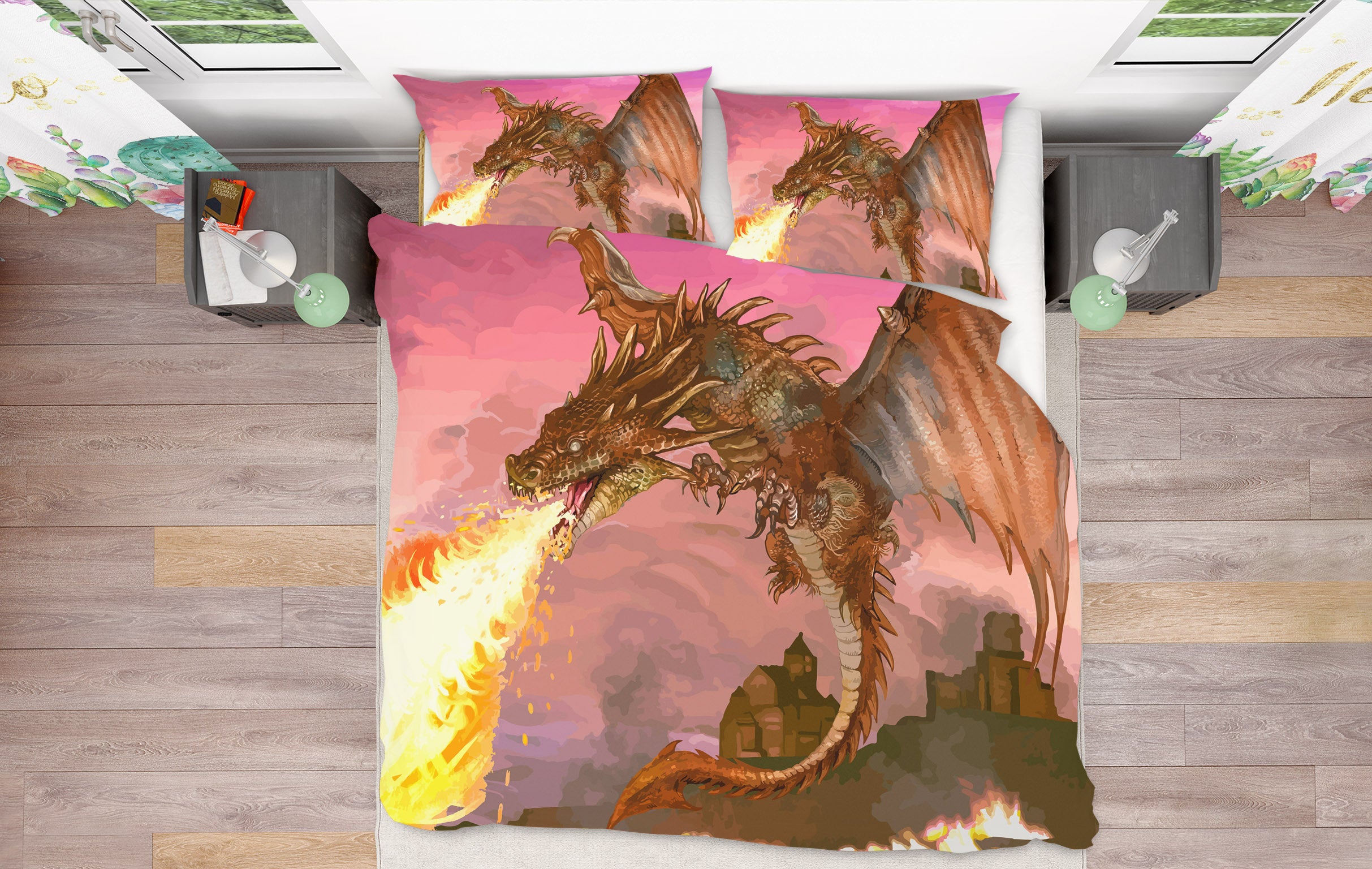 3D Flame Flying Dragon 63204 Bed Pillowcases Quilt